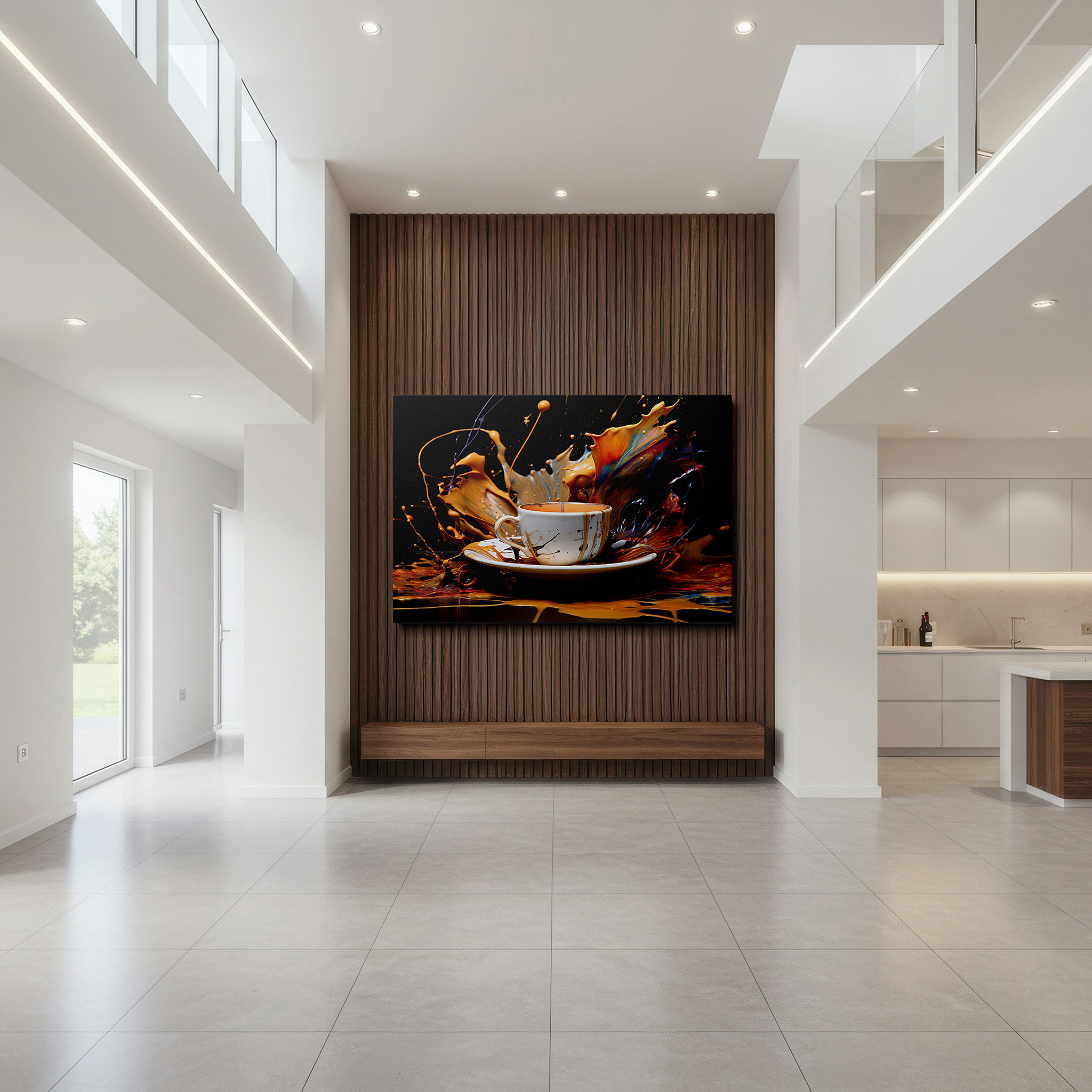 Positioned above a console table between ceramic vases — coffee splash art in warm tones: large canvas wall art for office, bedroom, and living room decor