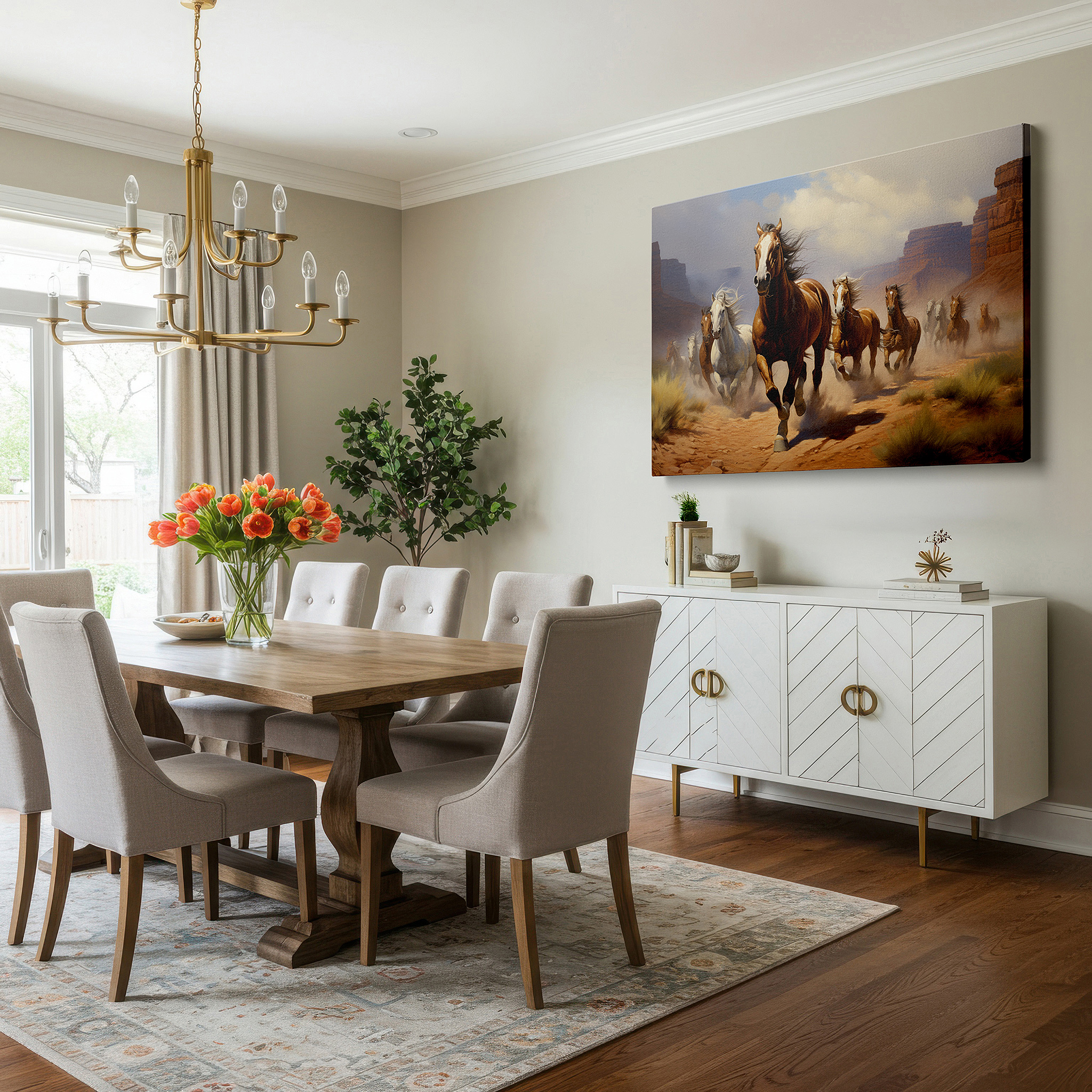 Positioned above a console table between ceramic vases — desert galloping horses - a symbol of freedom and power, large canvas wall art for office and bedroom decor
