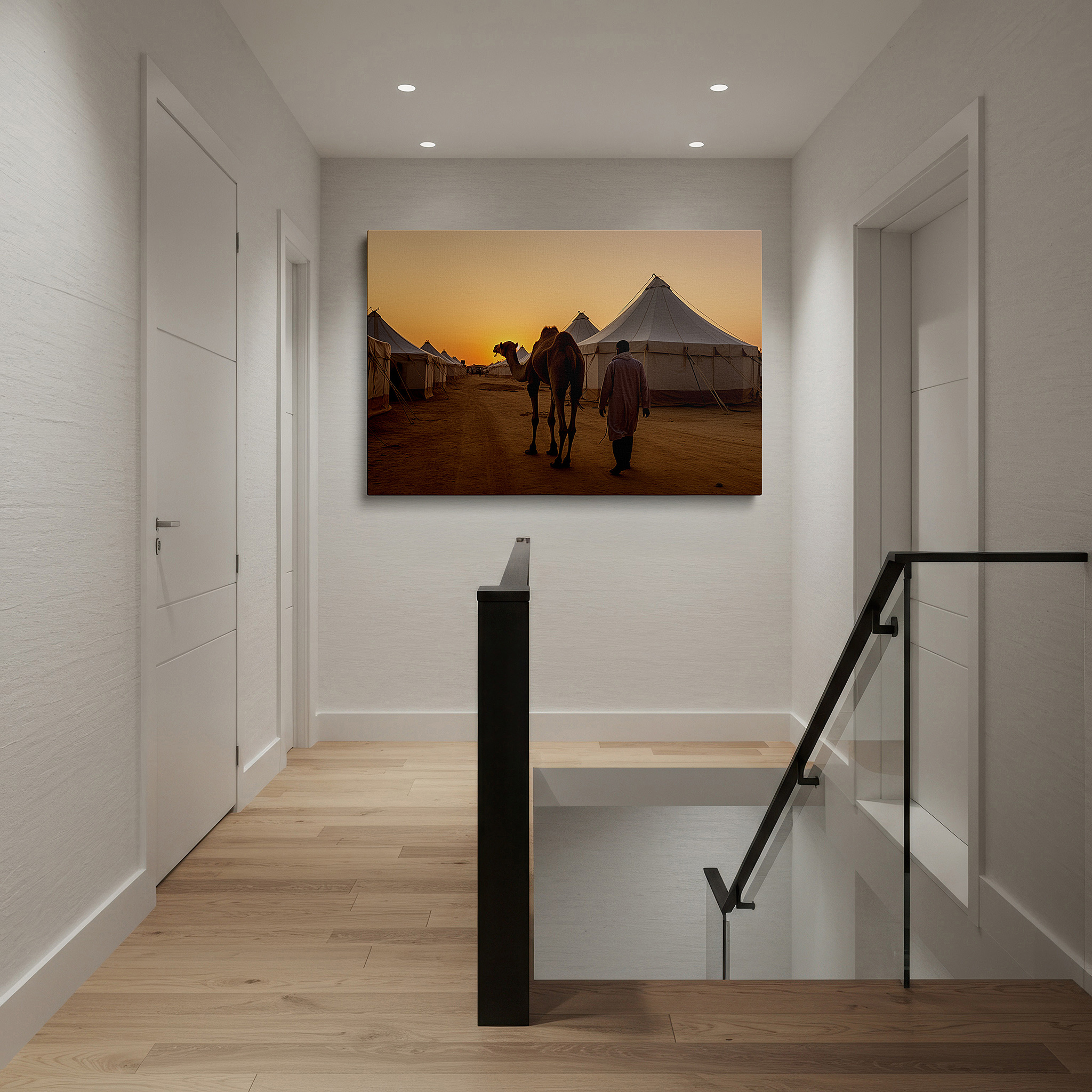 Positioned above a console table between ceramic vases — desert sunrise wall art: camel and nomad scene, symbol of endurance in arid landscape - large canvas for home or office decor