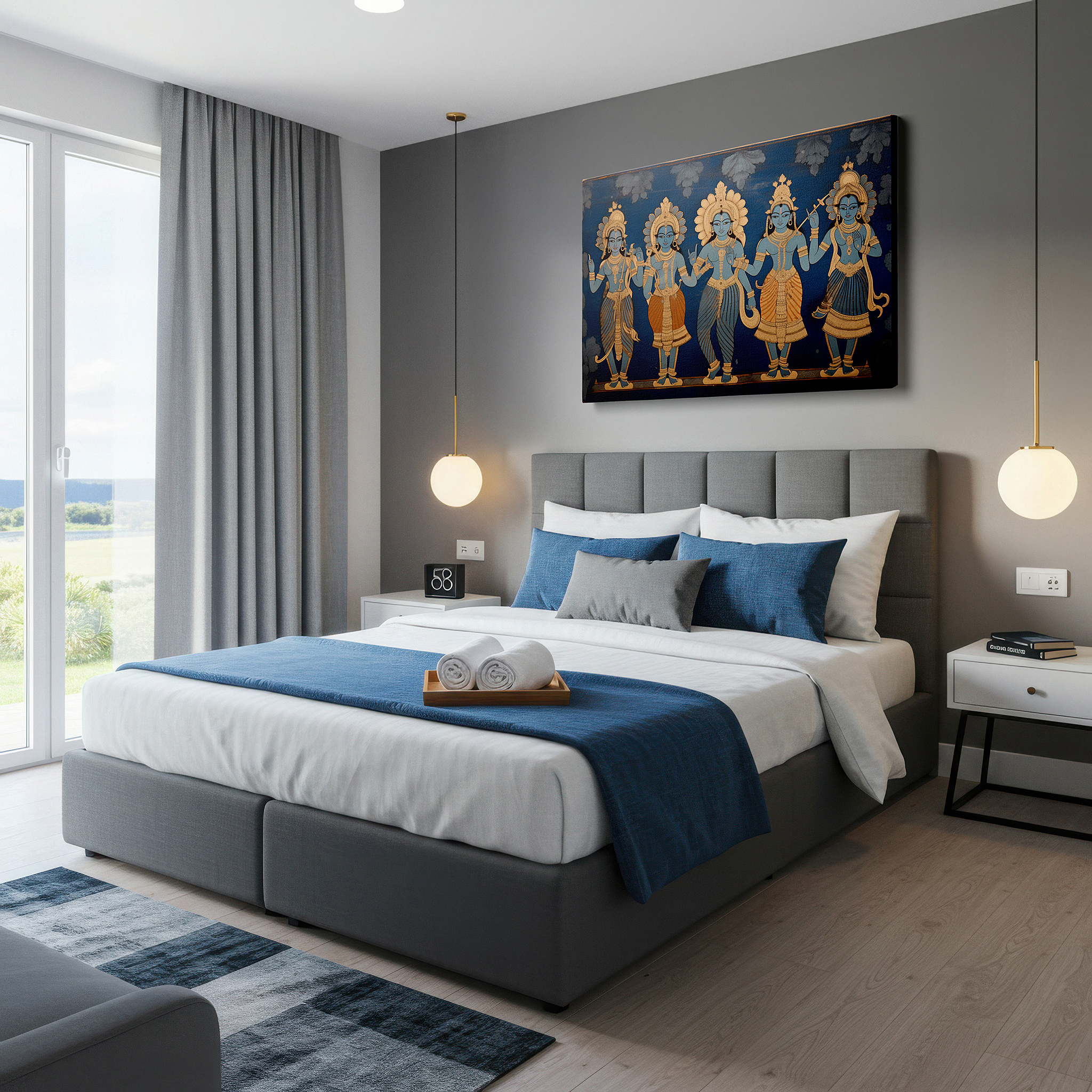 Positioned above a console table between ceramic vases — divine figures and celestial myths on a rich blue background: large canvas wall art for office, bedroom, and living room decor