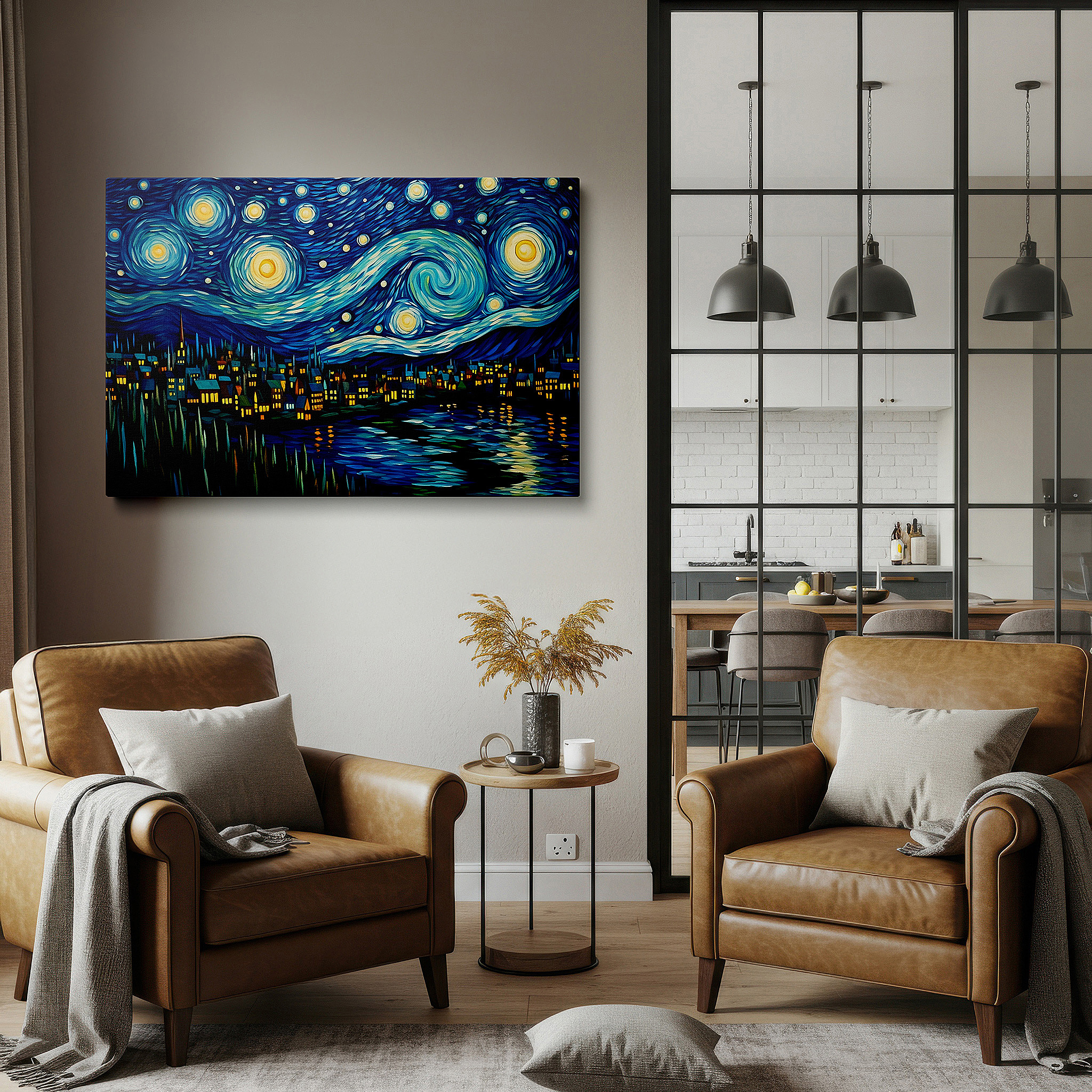 Positioned above a console table between ceramic vases — dreamy starlit glow over tranquil town, night sky reflection large canvas wall art, decor for office, bedroom, and living room