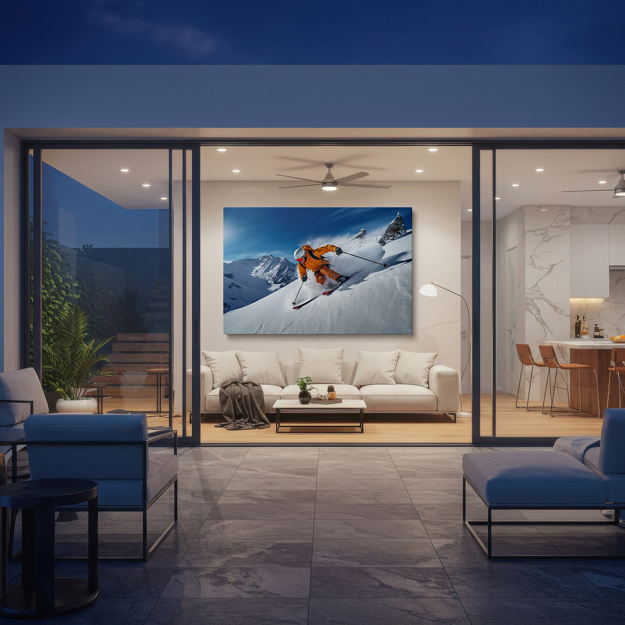 Positioned above a console table between ceramic vases — dynamic skier in orange against pristine snow and majestic peaks - large canvas wall art for office and bedroom decor