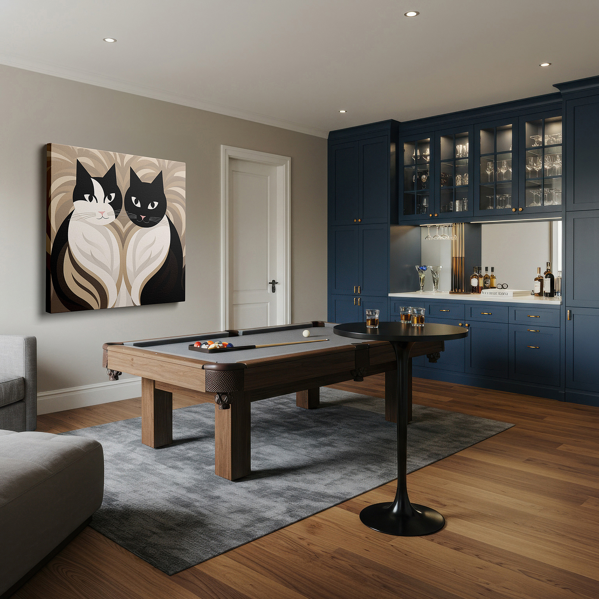 Positioned above a console table between ceramic vases — elegant black and white cat wall art showcasing grace and companionship, ideal for home and office decor, available as large canvas prints