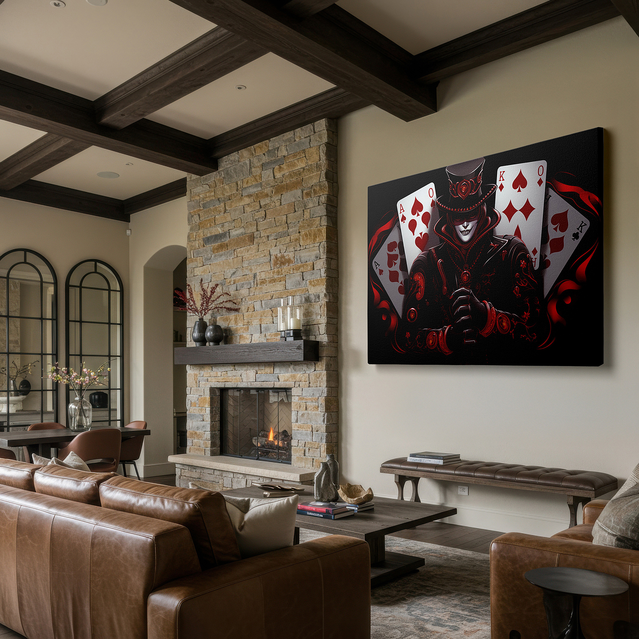 Positioned above a console table between ceramic vases — enchanting wizard of cards: a transformative, mystical large wall art piece for office and bedroom decor, available on canvas