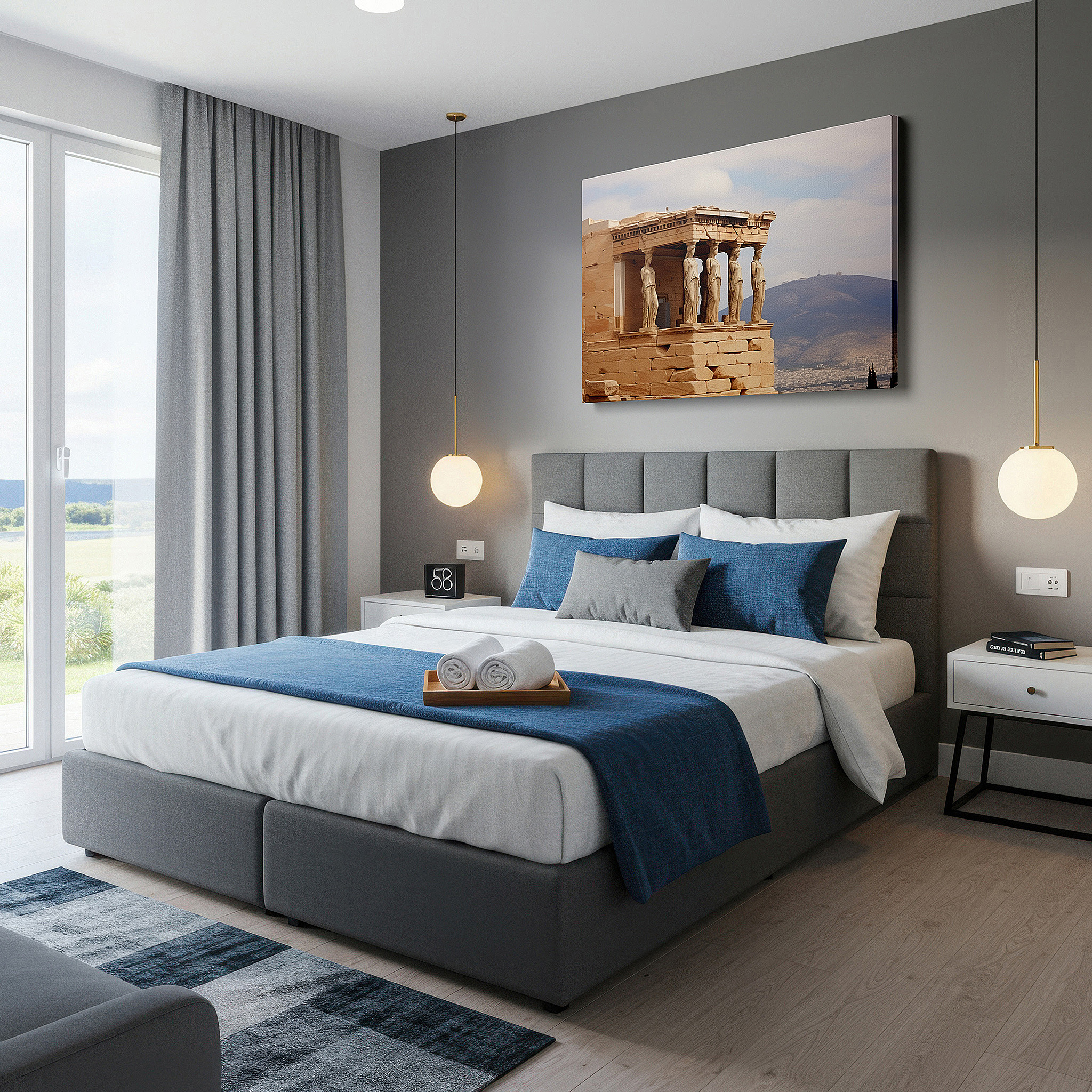 Positioned above a console table between ceramic vases — erechtheion's eternal grandeur: classic greek masterpiece featuring iconic caryatids - large wall art, canvas, wall decor, office art