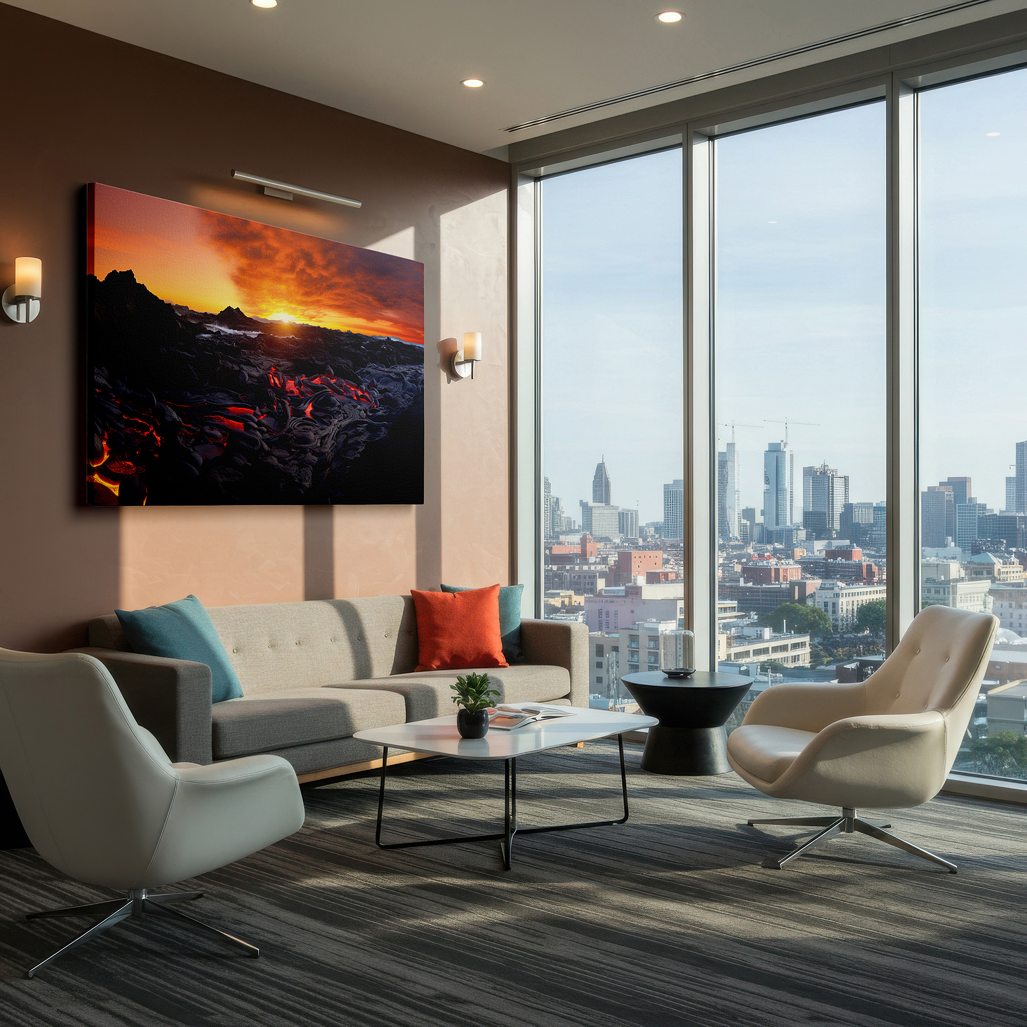 Positioned above a console table between ceramic vases — fiery lava clashes with tranquil ocean at sunset - a striking display of nature's contrasts, large canvas wall art for home and office decor