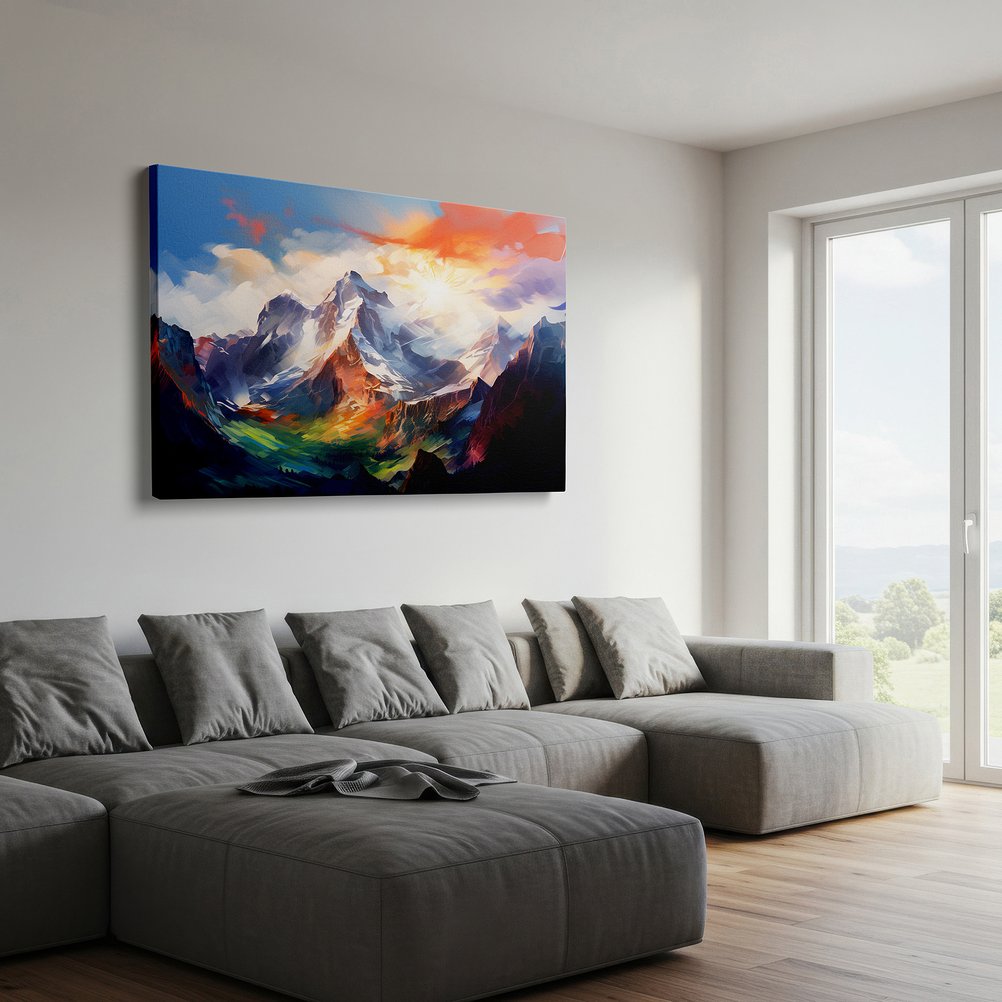Positioned above a console table between ceramic vases — fiery oranges and cool blues sunrise over snow-capped peaks large canvas wall art for office and bedroom decor