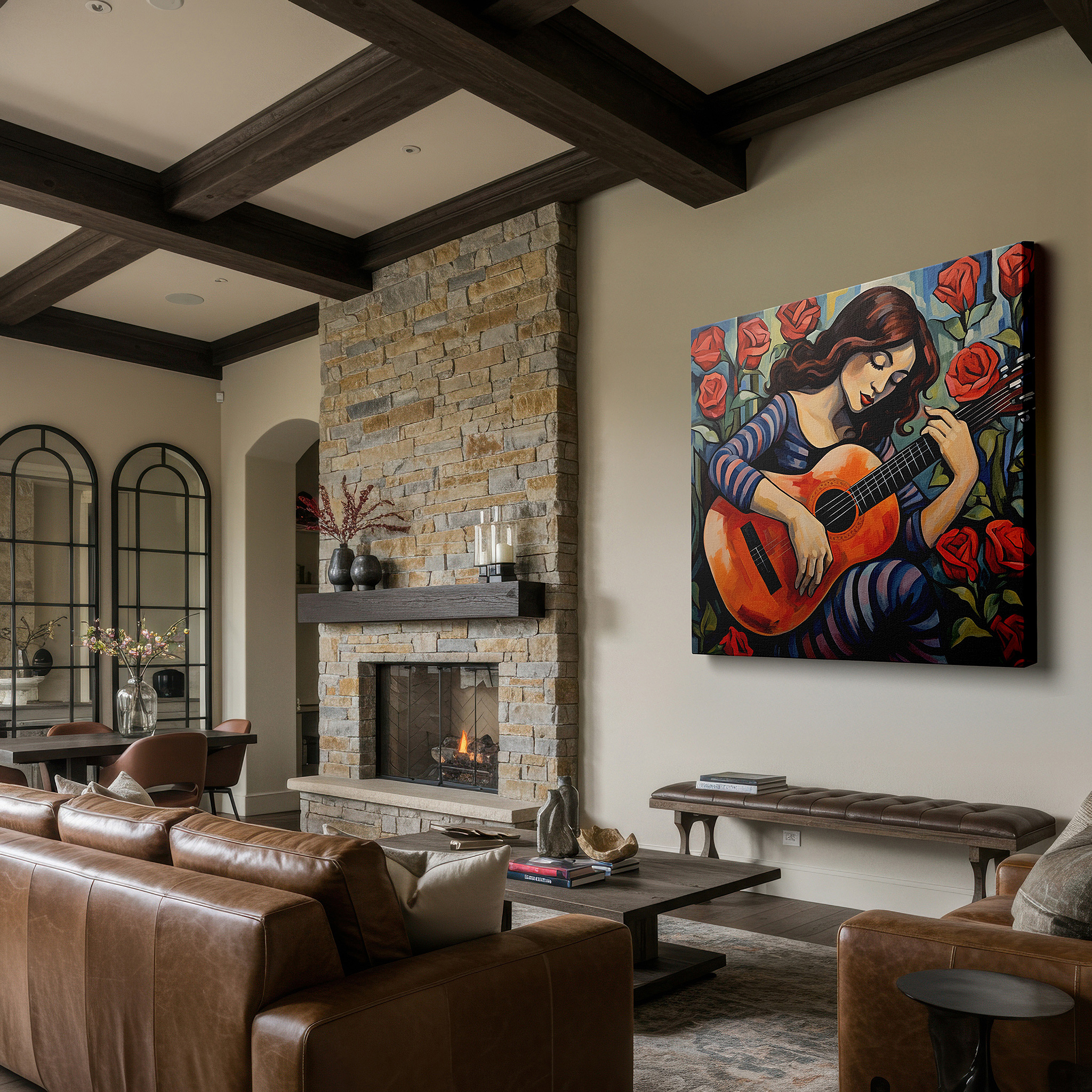 Positioned above a console table between ceramic vases — girl with guitar amidst blossoming roses, nature and music symphony large wall art, canvas wall decor, office and bedroom wall art