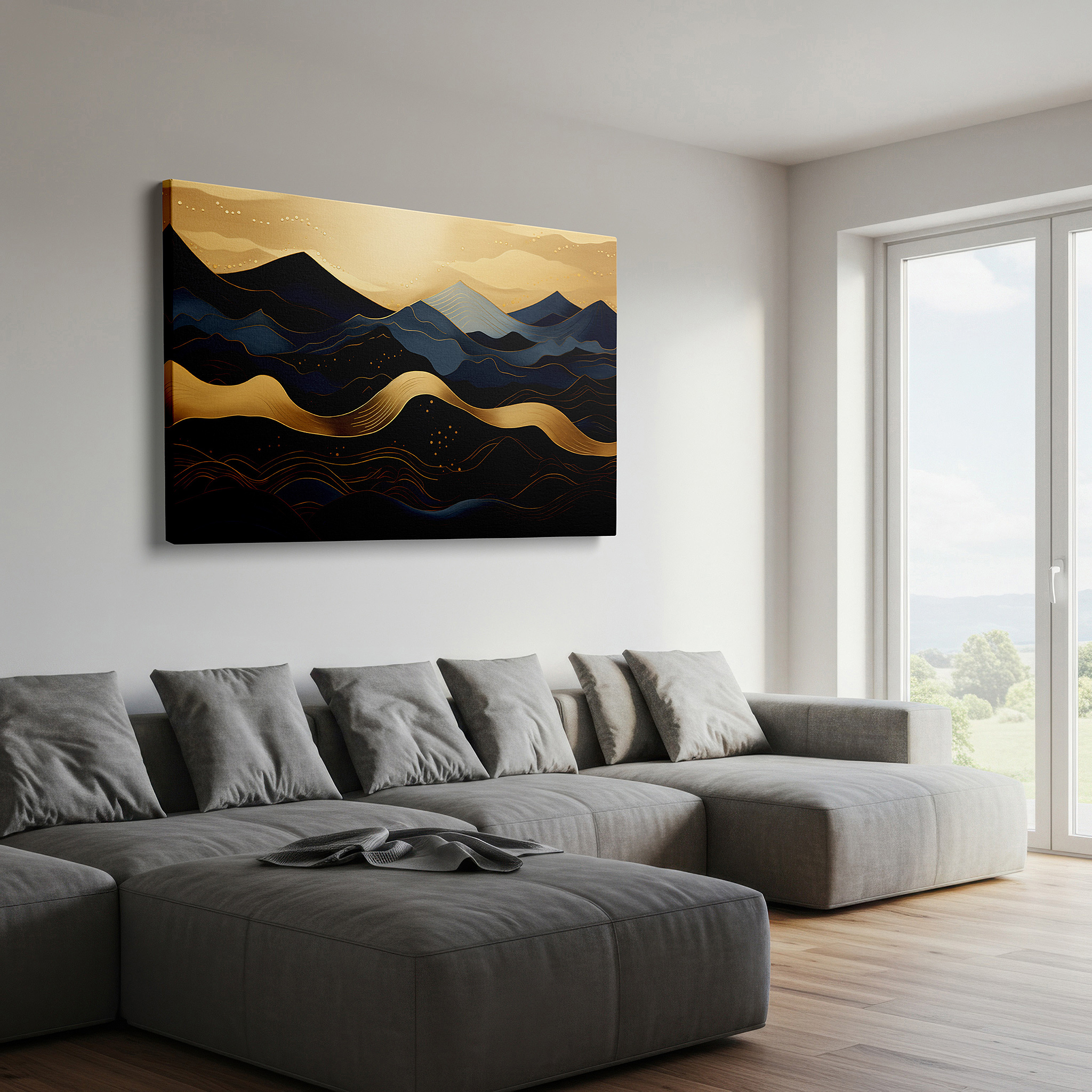 Positioned above a console table between ceramic vases — golden hued abstract mountainous landscape, tranquil escape large wall art, canvas wall decor for office and bedroom