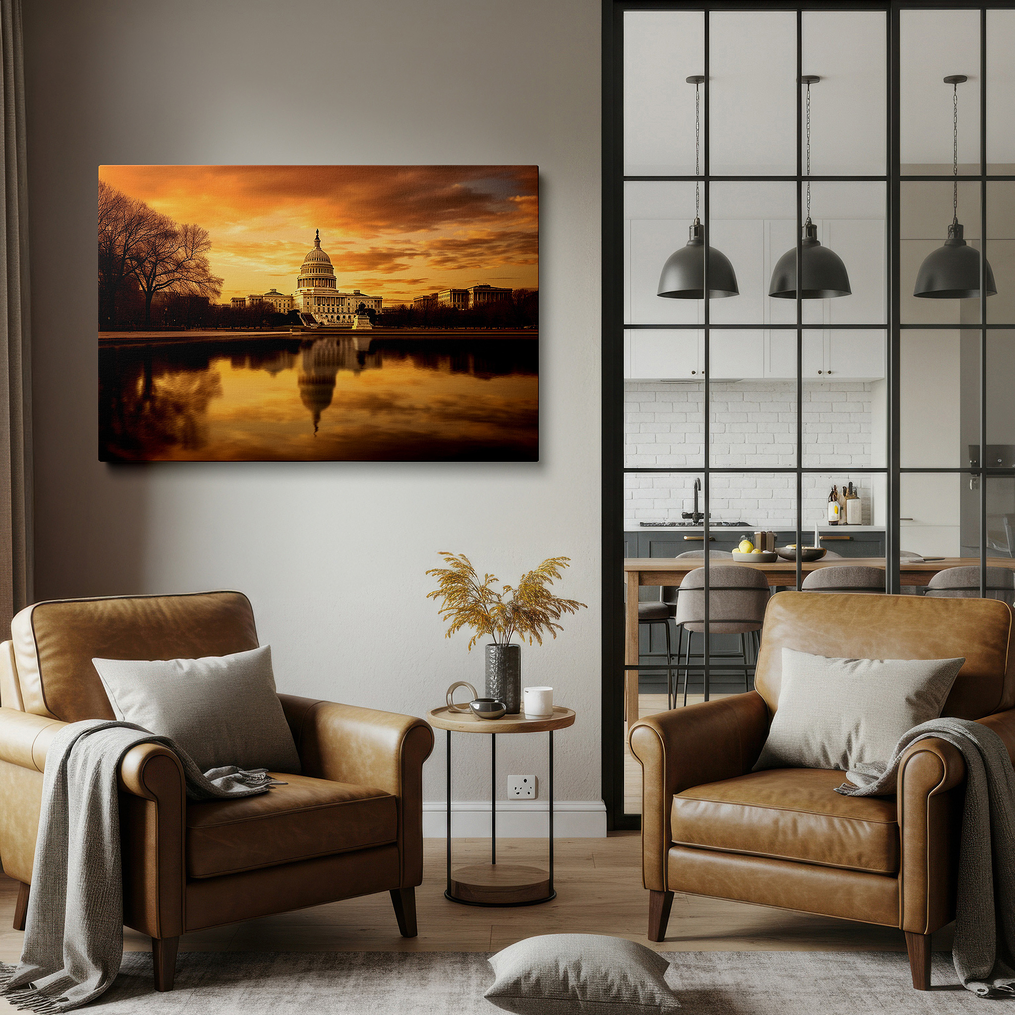 Positioned above a console table between ceramic vases — golden sunset at the u.s. capitol with the reflecting pool as a serene mirror, symbolizing the strength of democracy - large wall art, canvas wall art, wall decor
