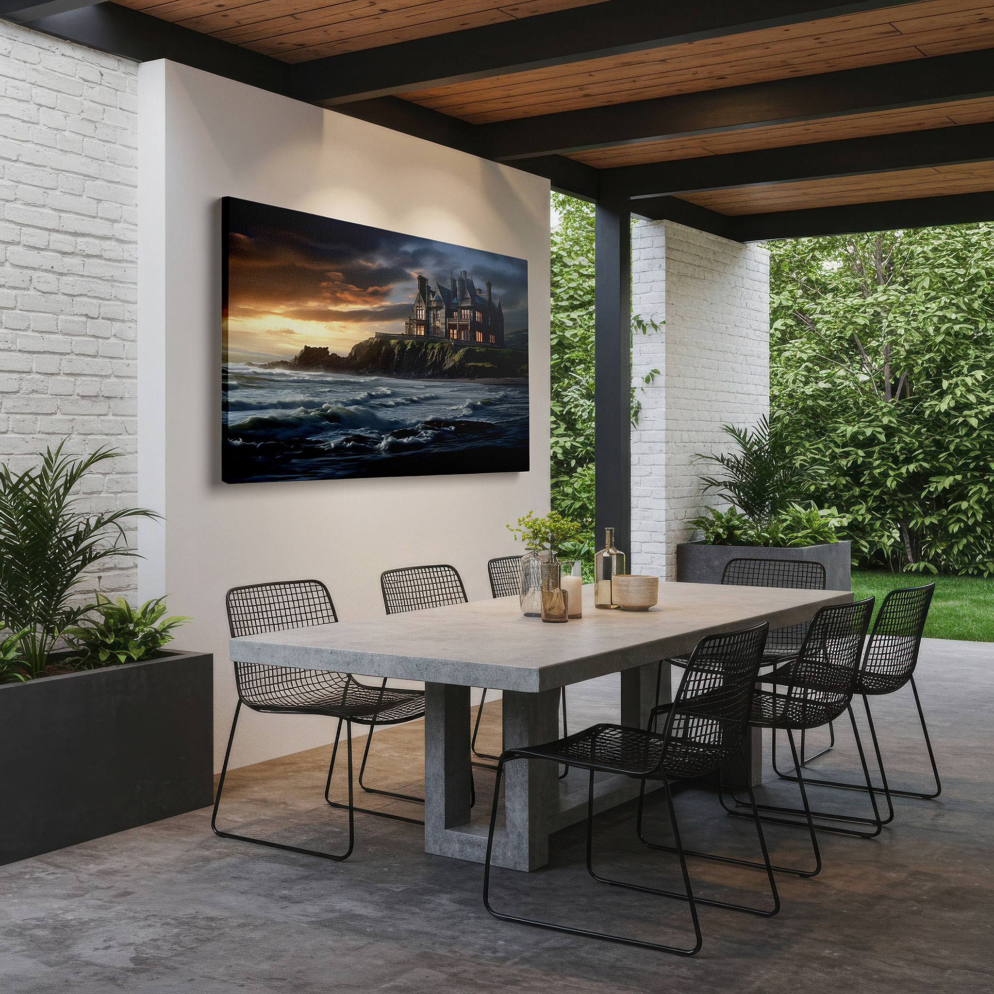 Positioned above a console table between ceramic vases — gothic mansion on cliff overlooking stormy seas, sunset illuminates the horizon, large canvas wall art for home and office decor