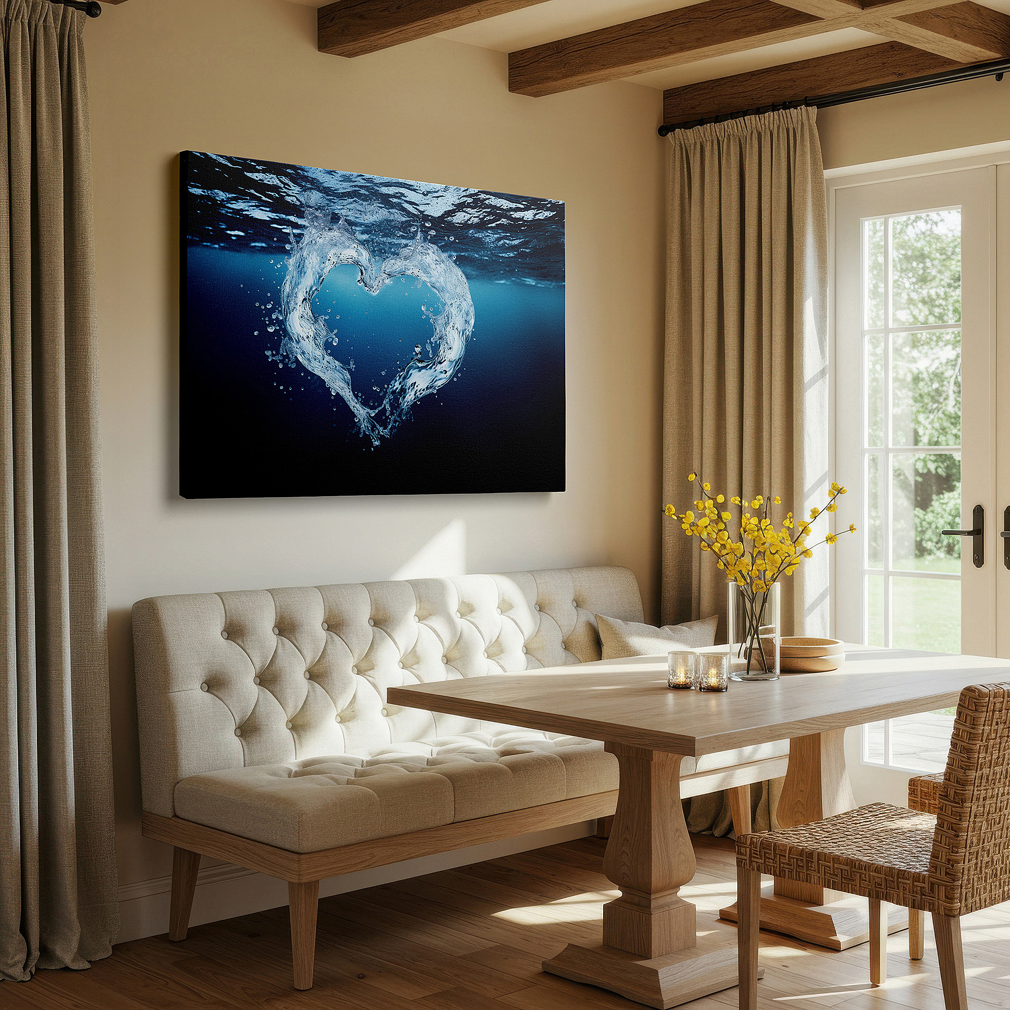 Positioned above a console table between ceramic vases — heart-shaped water splash on serene blue background - large canvas wall art for office and bedroom decor