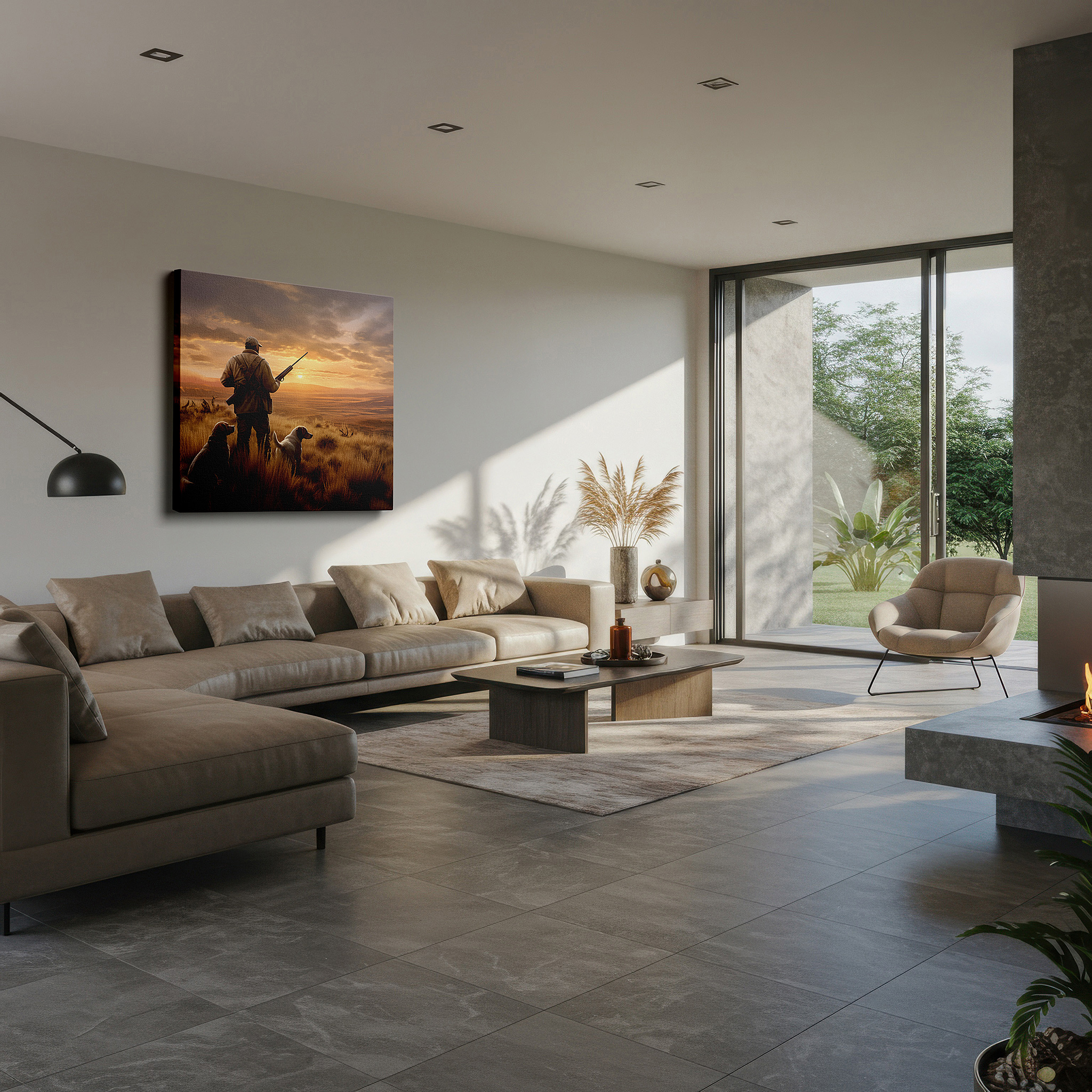 Positioned above a console table between ceramic vases — hunter and dogs at sunset - companionship and adventure silhouette large wall art, canvas wall art, office wall decor
