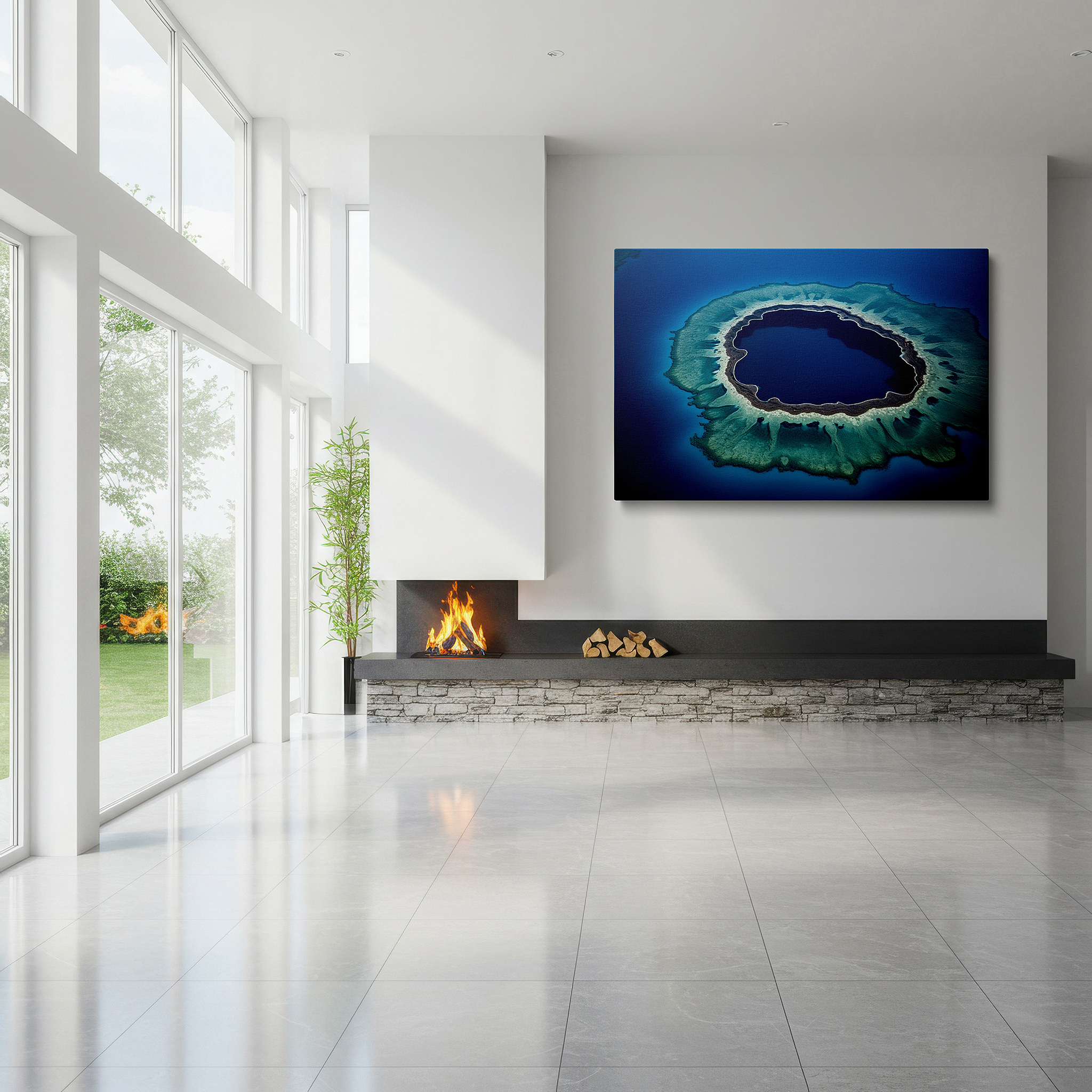 Positioned above a console table between ceramic vases — lagoon aerial view: serene harmony of vivid coral, large canvas wall art for office decor