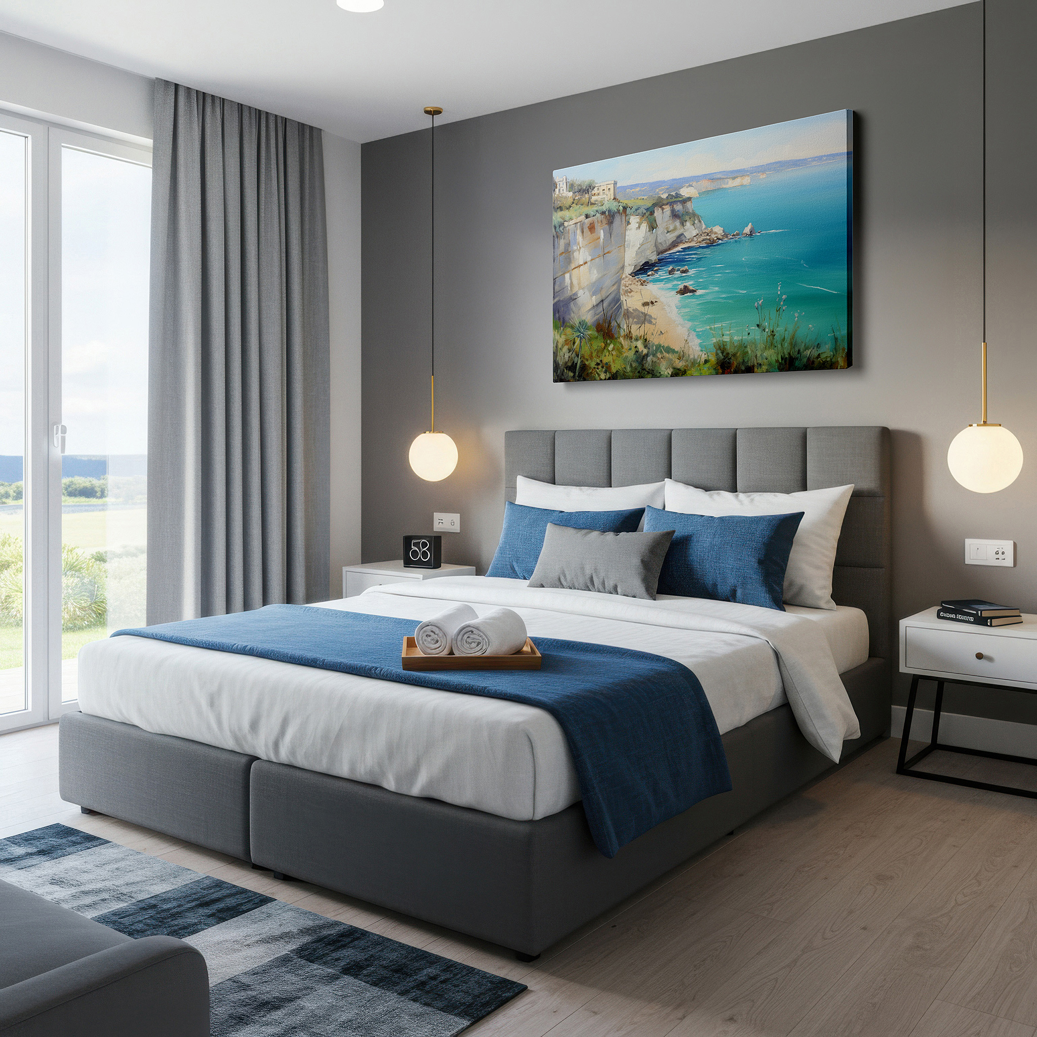 Positioned above a console table between ceramic vases — majestic cliffs and crystalline waters: a serene coastal escape - large wall art, canvas wall art, wall decor for office and bedroom