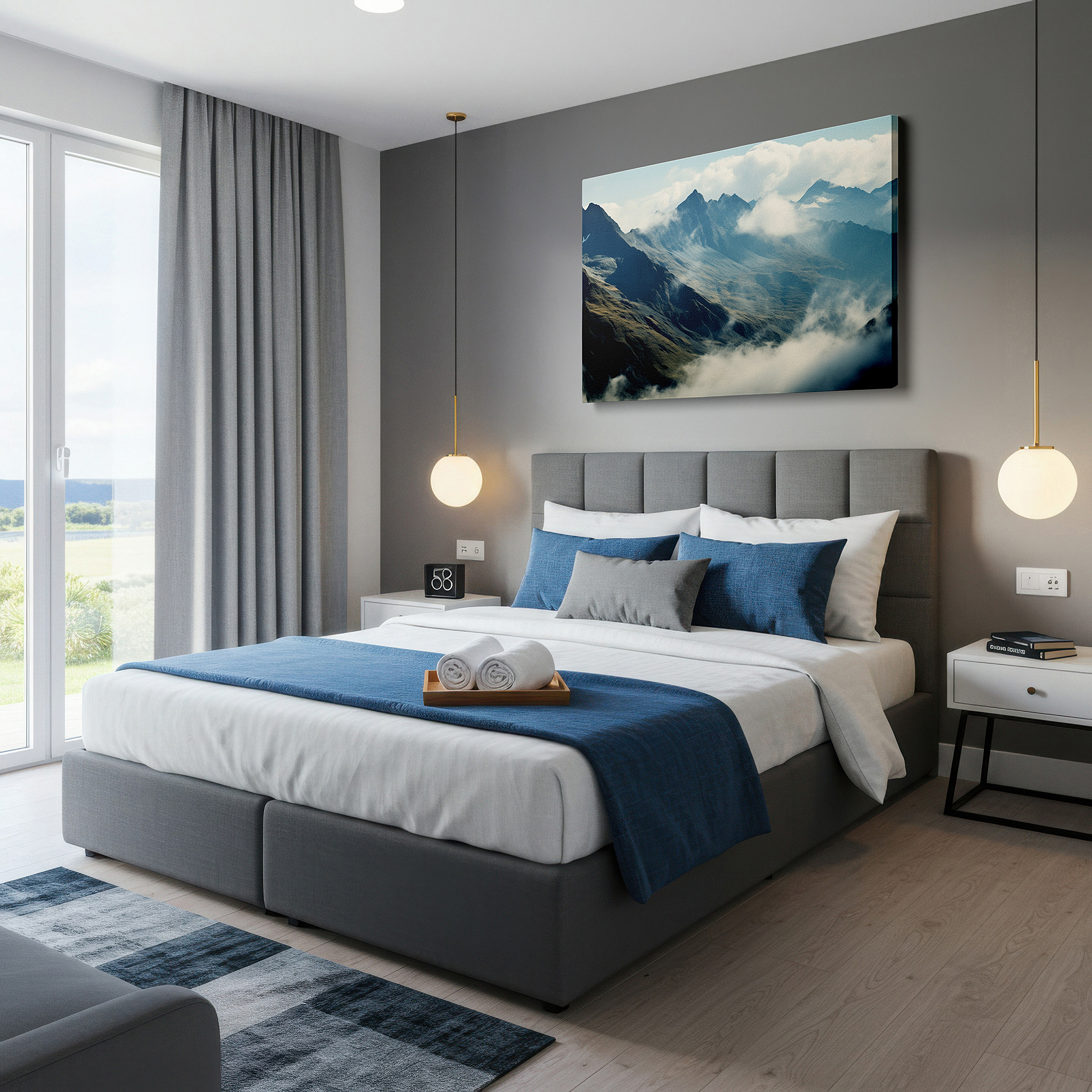 Positioned above a console table between ceramic vases — majestic mountain peaks ascending into cloud-covered skies, serene yet imposing landscape large wall art, canvas wall art, wall decor for office