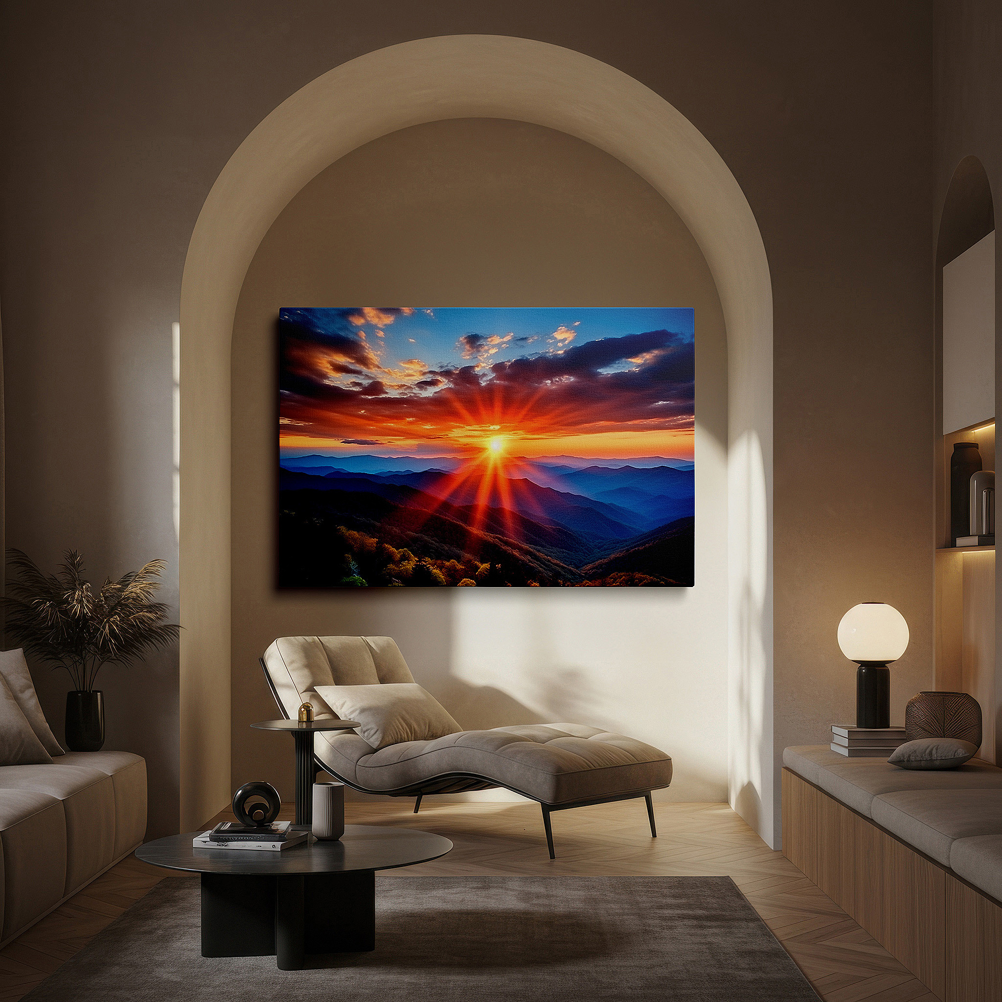 Positioned above a console table between ceramic vases — majestic mountain sunrise - a canvas of light and renewal: large wall art for offices and bedrooms