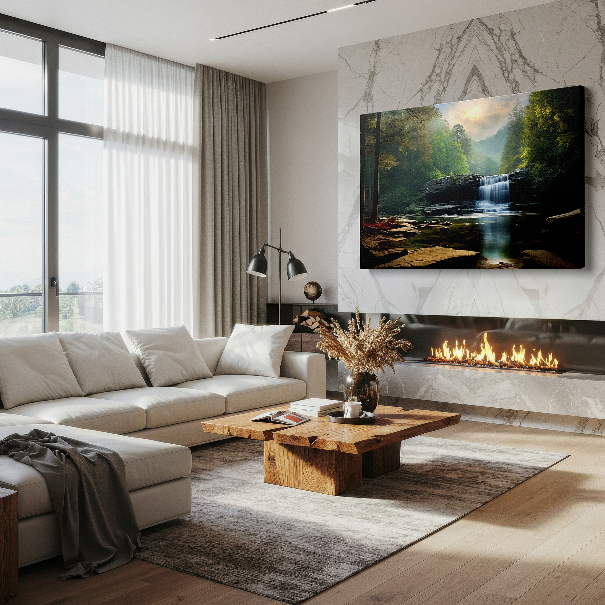 Positioned above a console table between ceramic vases — majestic waterfall surrounded by verdant foliage, serene nature scene as large wall art, canvas wall art, wall decor for office and bedroom