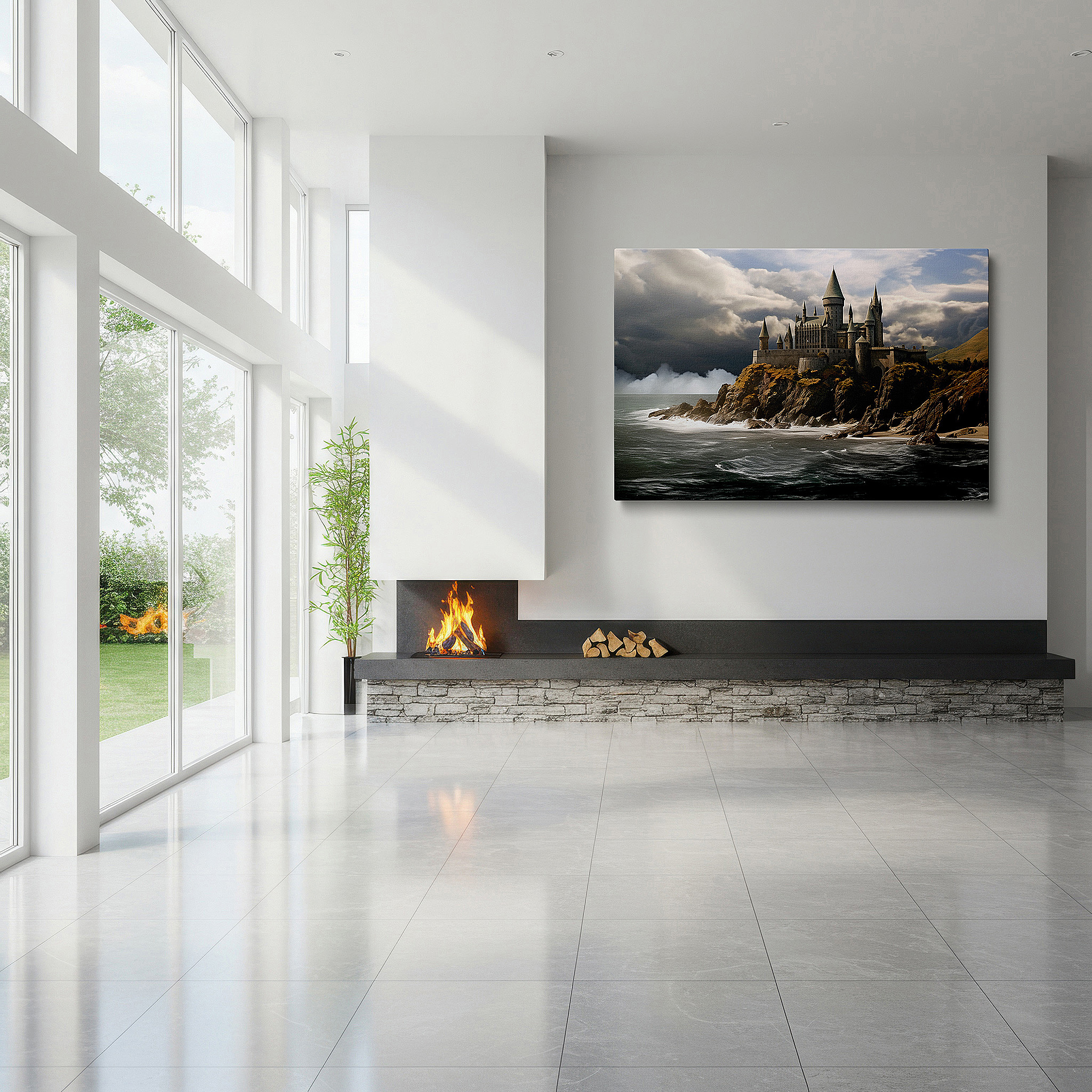 Positioned above a console table between ceramic vases — medieval castle on a cliff canvas print - majestic view over turquoise waters - large wall art for office and bedroom decor