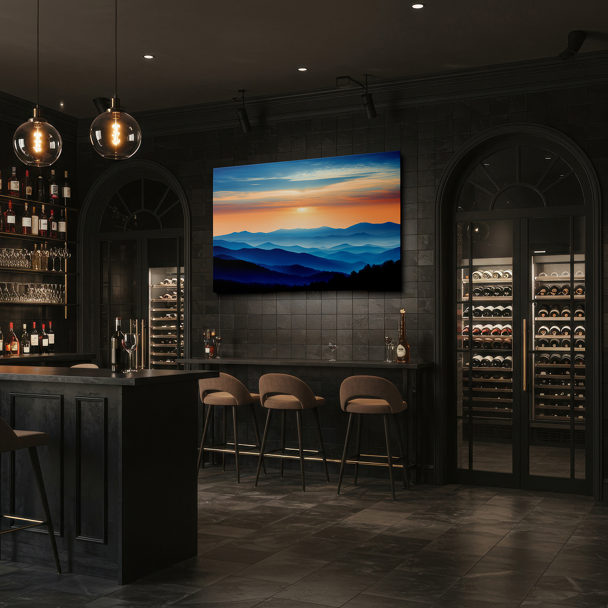 Positioned above a console table between ceramic vases — misty blue mountains at tranquil dawn, serene landscape canvas for reflection - large wall art for office and bedroom decor