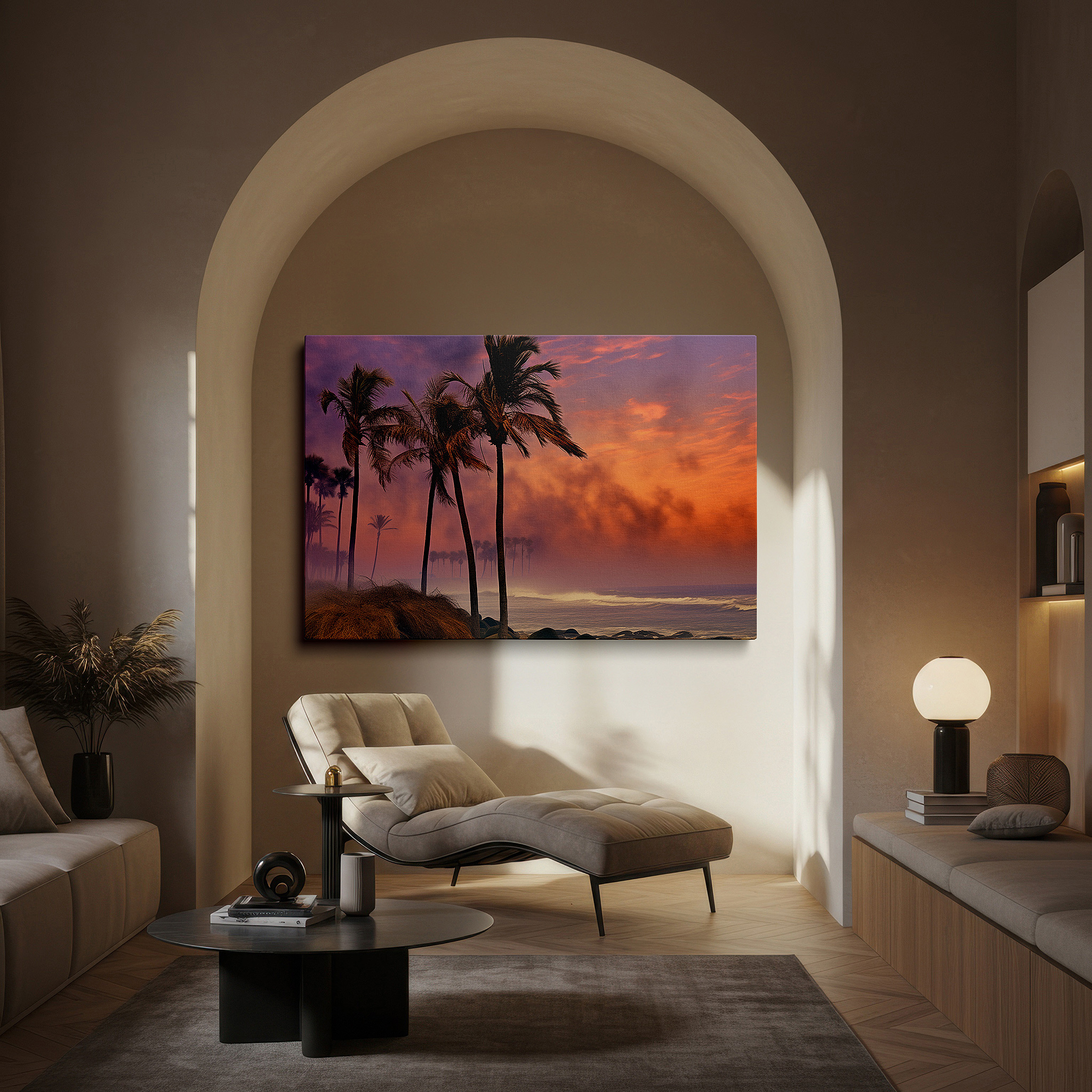 Positioned above a console table between ceramic vases — misty serene beachfront dawn, tranquil seascape awakening, large canvas wall art for office decor