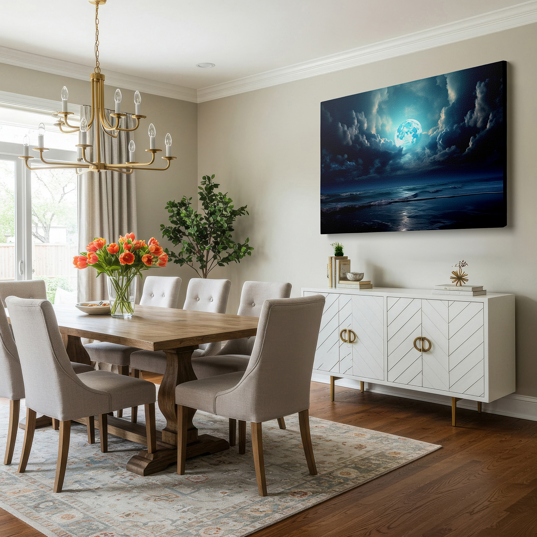 Positioned above a console table between ceramic vases — moonlit serenity above tranquil seas - celestial reflections amidst swirling clouds, large canvas wall art for home and office decor