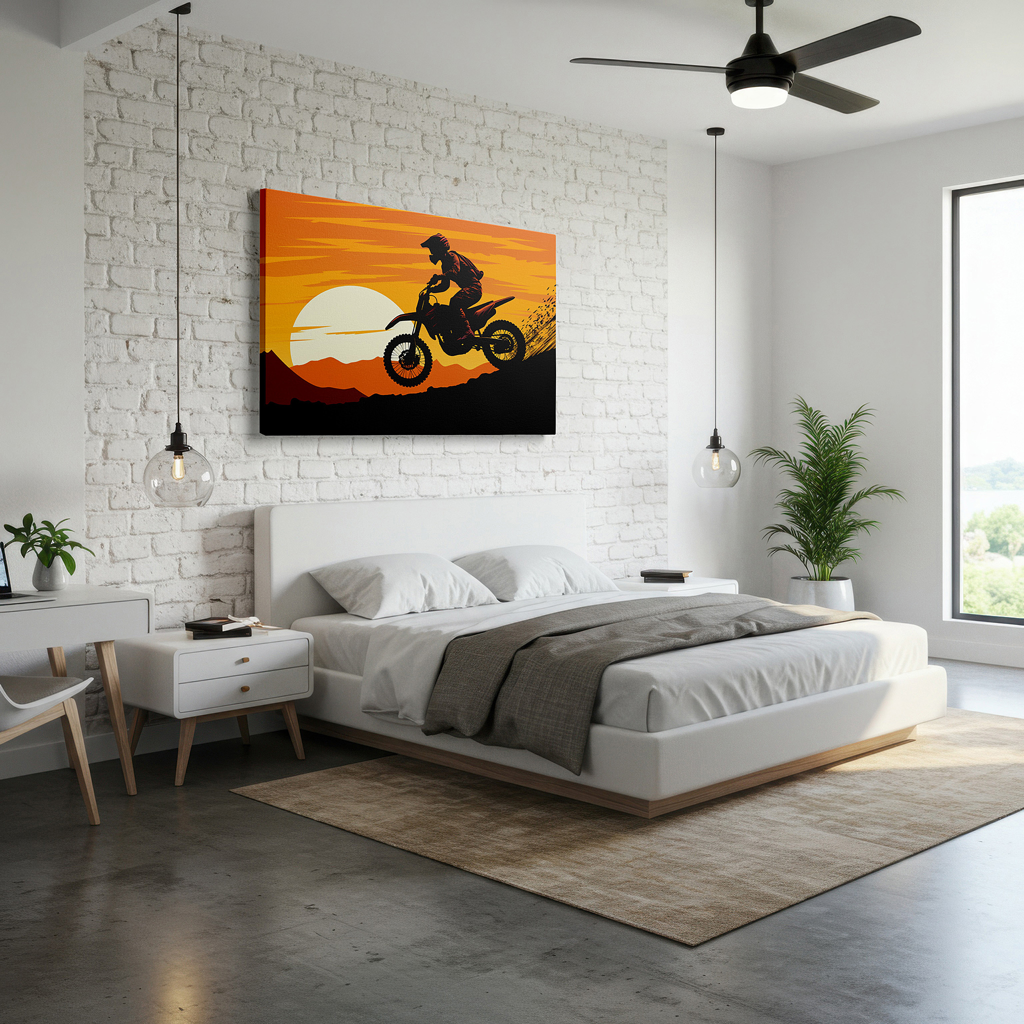 Positioned above a console table between ceramic vases — motorcycle rider climbing towards a bright sunset, representing liberty and exploration, large canvas wall art for home and office decor