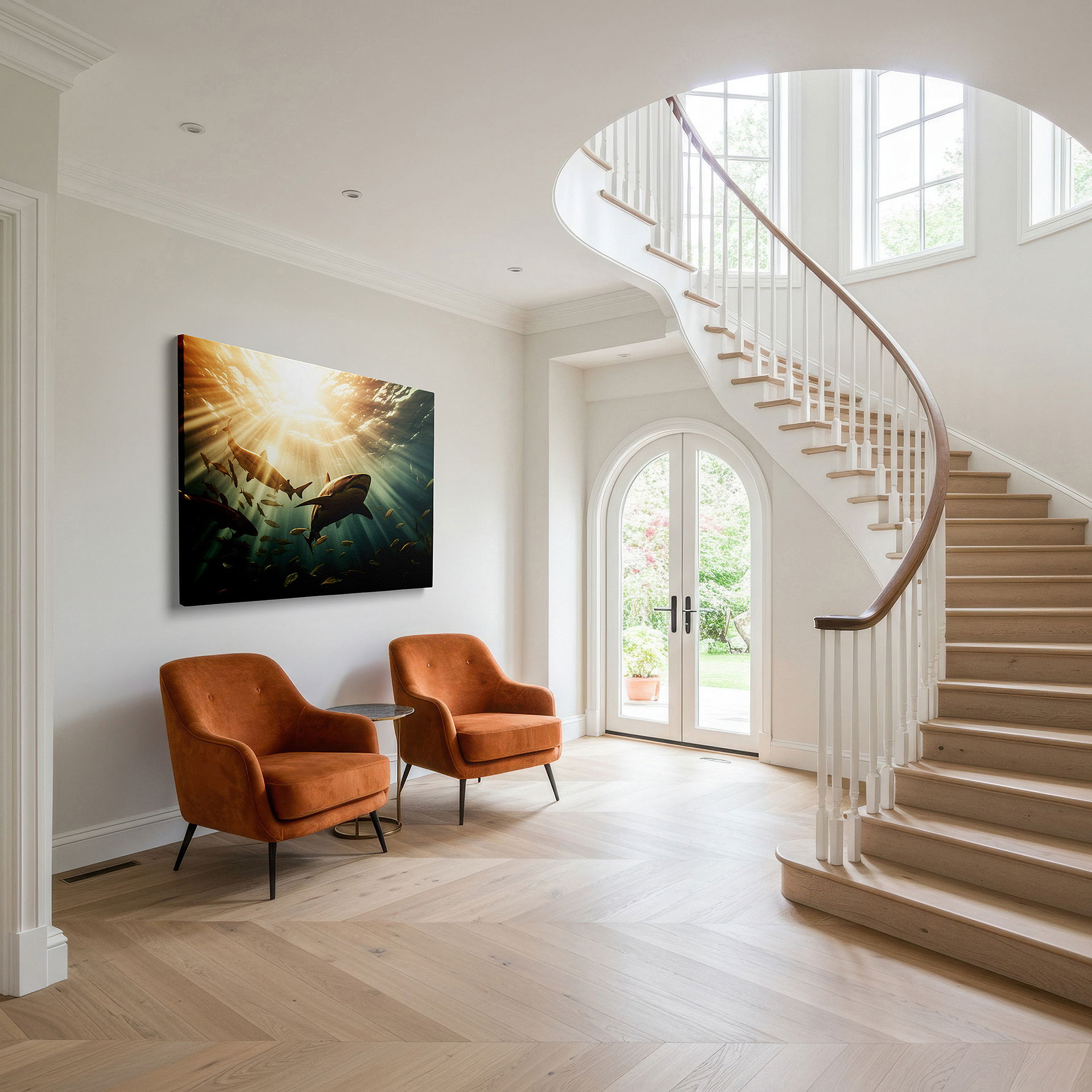 Positioned above a console table between ceramic vases — ocean serenity: sunlit sharks and colorful marine life - large canvas wall art for office, bedroom, and living room decor