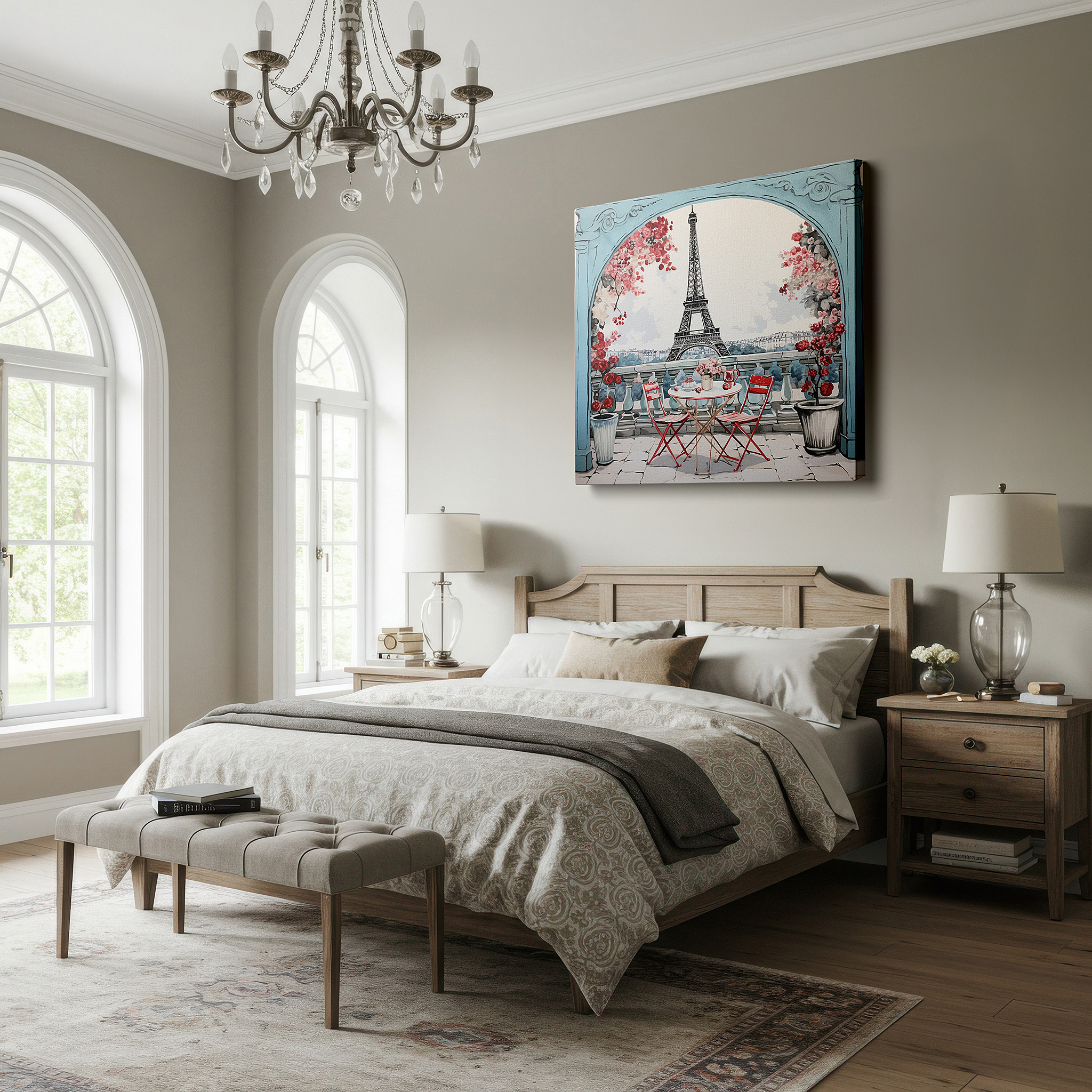 Positioned above a console table between ceramic vases — parisian charm: lively café and eiffel tower wall art, canvas decor for home and office