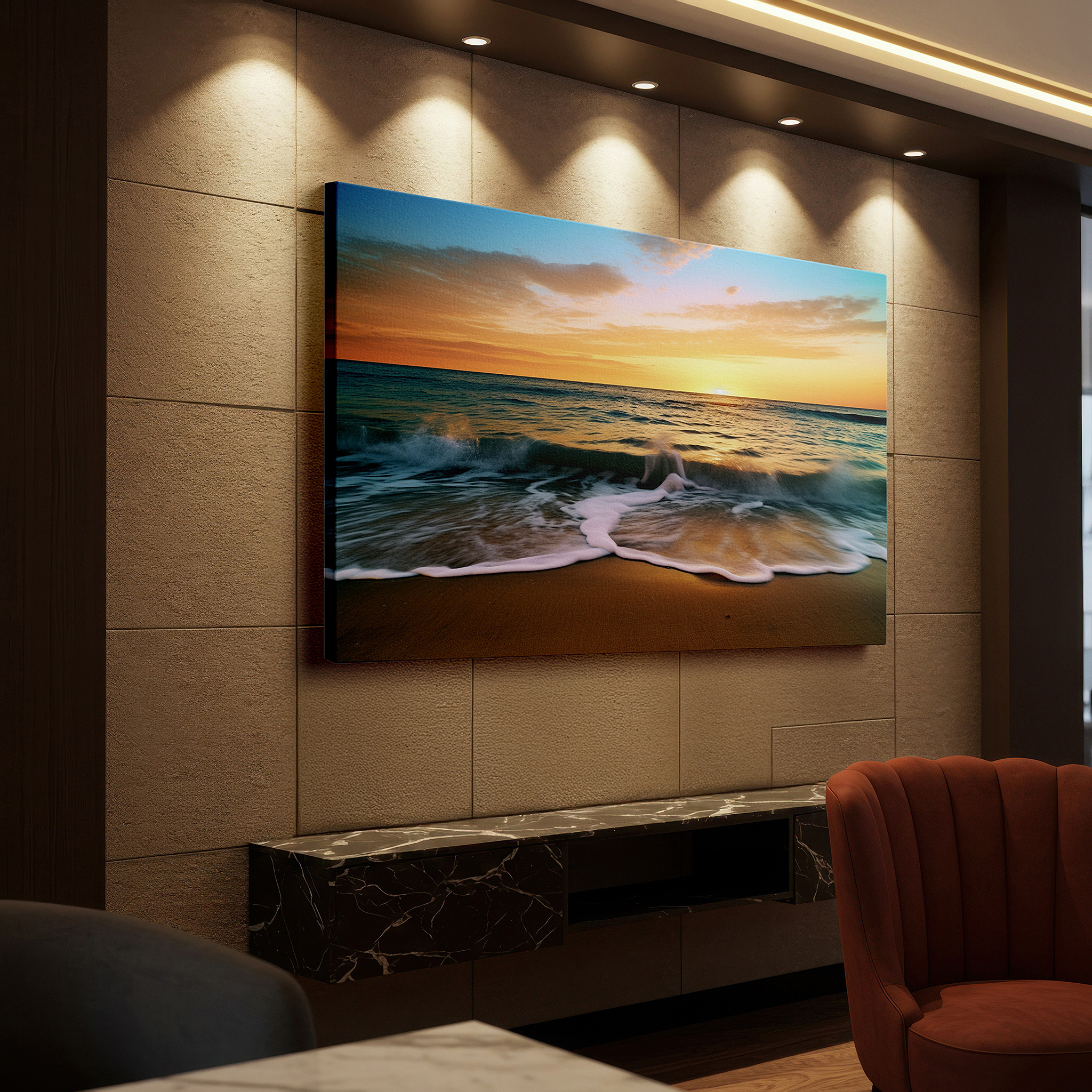 Positioned above a console table between ceramic vases — peaceful beach sunset wall art, large canvas for serene and tranquil decor, ideal for office and bedroom