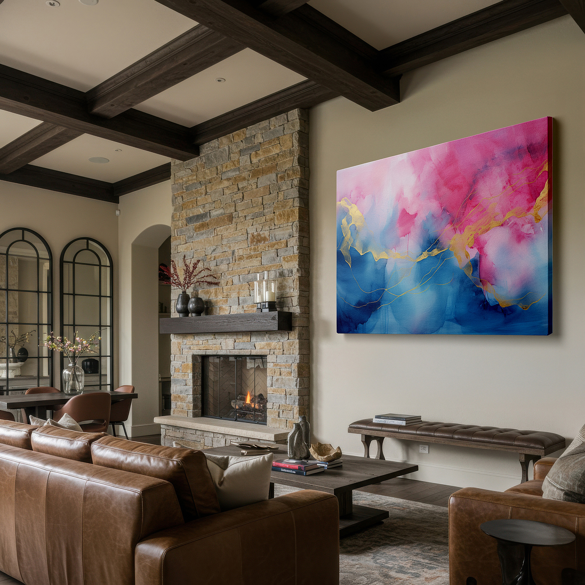 Positioned above a console table between ceramic vases — pink and blue swirls with gold highlights, enchanting abstract large wall art, canvas wall art, wall decor for office