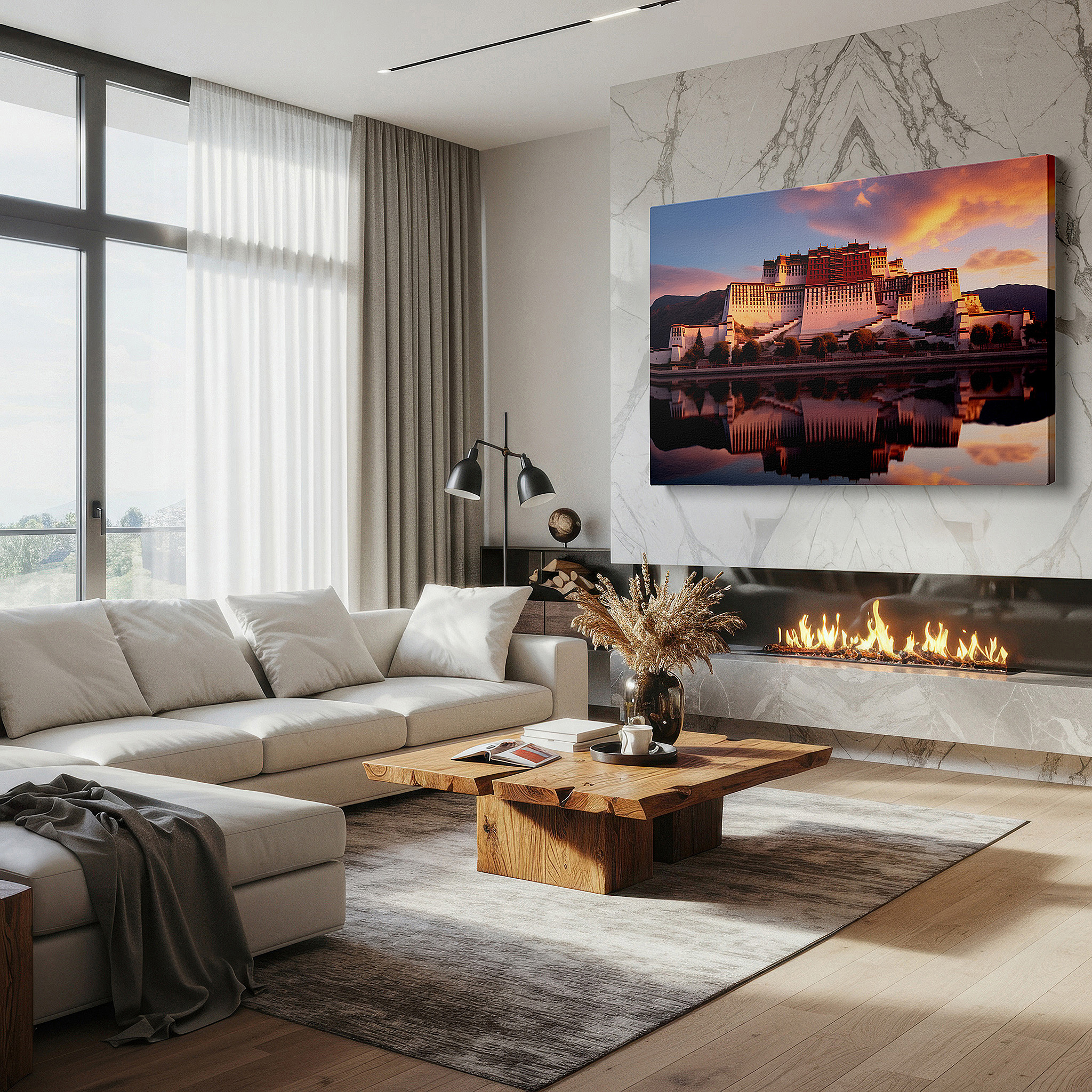 Positioned above a console table between ceramic vases — potala palace at sunset: a display of grand architectural beauty and spiritual peace - large wall art, canvas wall art, wall decor