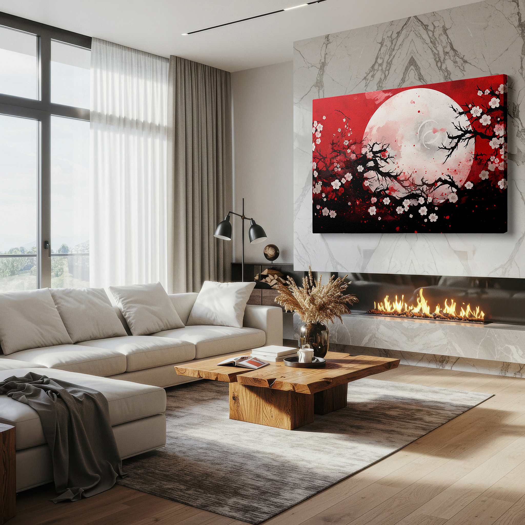 Positioned above a console table between ceramic vases — red landscape with glowing moon and cherry blossoms - a captivating mix of passion and peace large wall art, canvas wall art, wall art