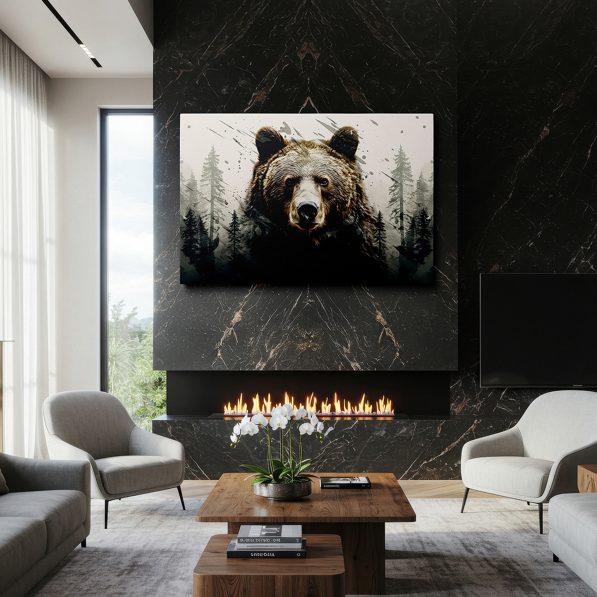 Positioned above a console table between ceramic vases — resilient and tranquil bear amidst abstract energy large canvas wall art for office, bedroom, and living room decor