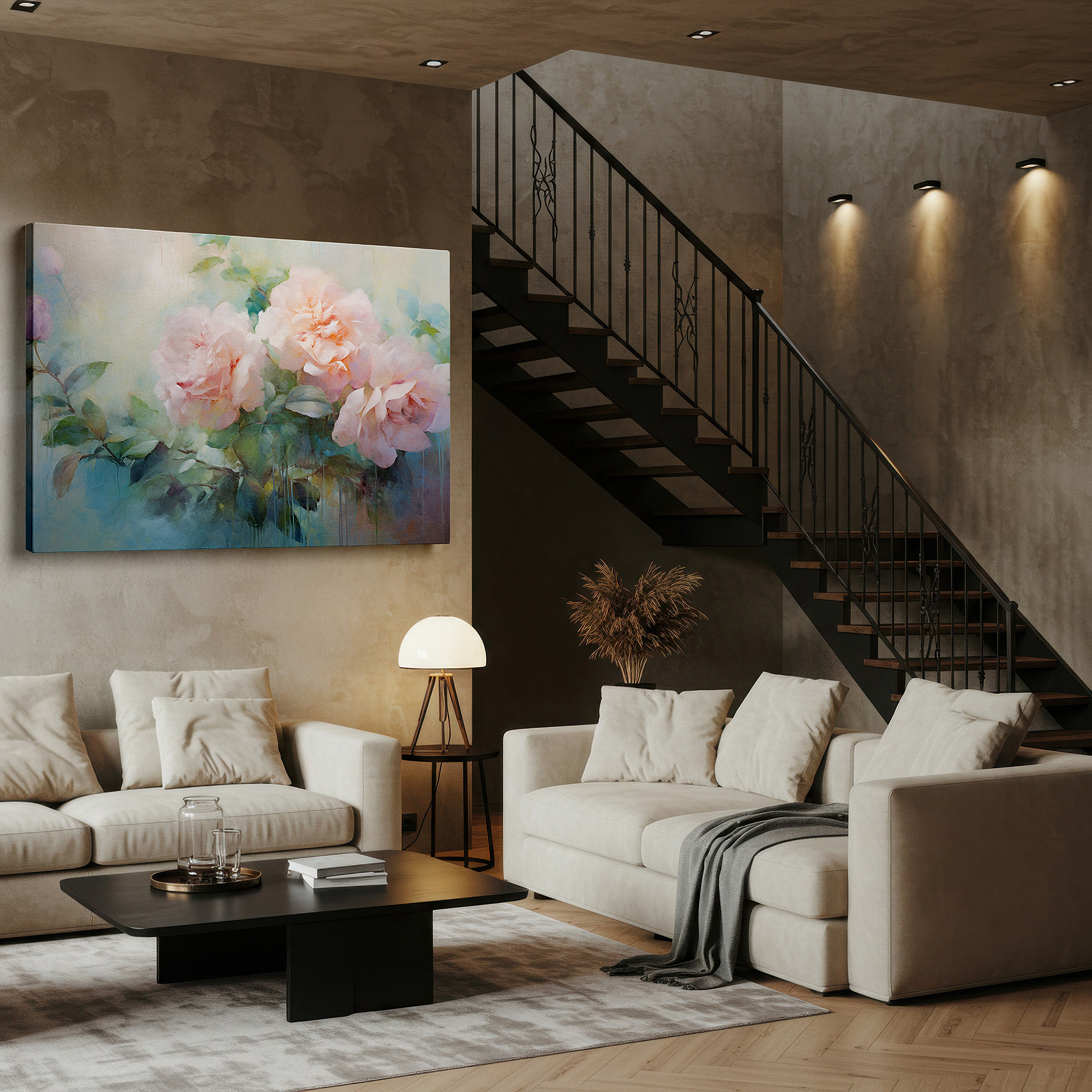 Positioned above a console table between ceramic vases — serene blossoms amidst soft greens and blues, tranquil nature tribute large wall art, canvas wall art, wall decor for office and bedroom