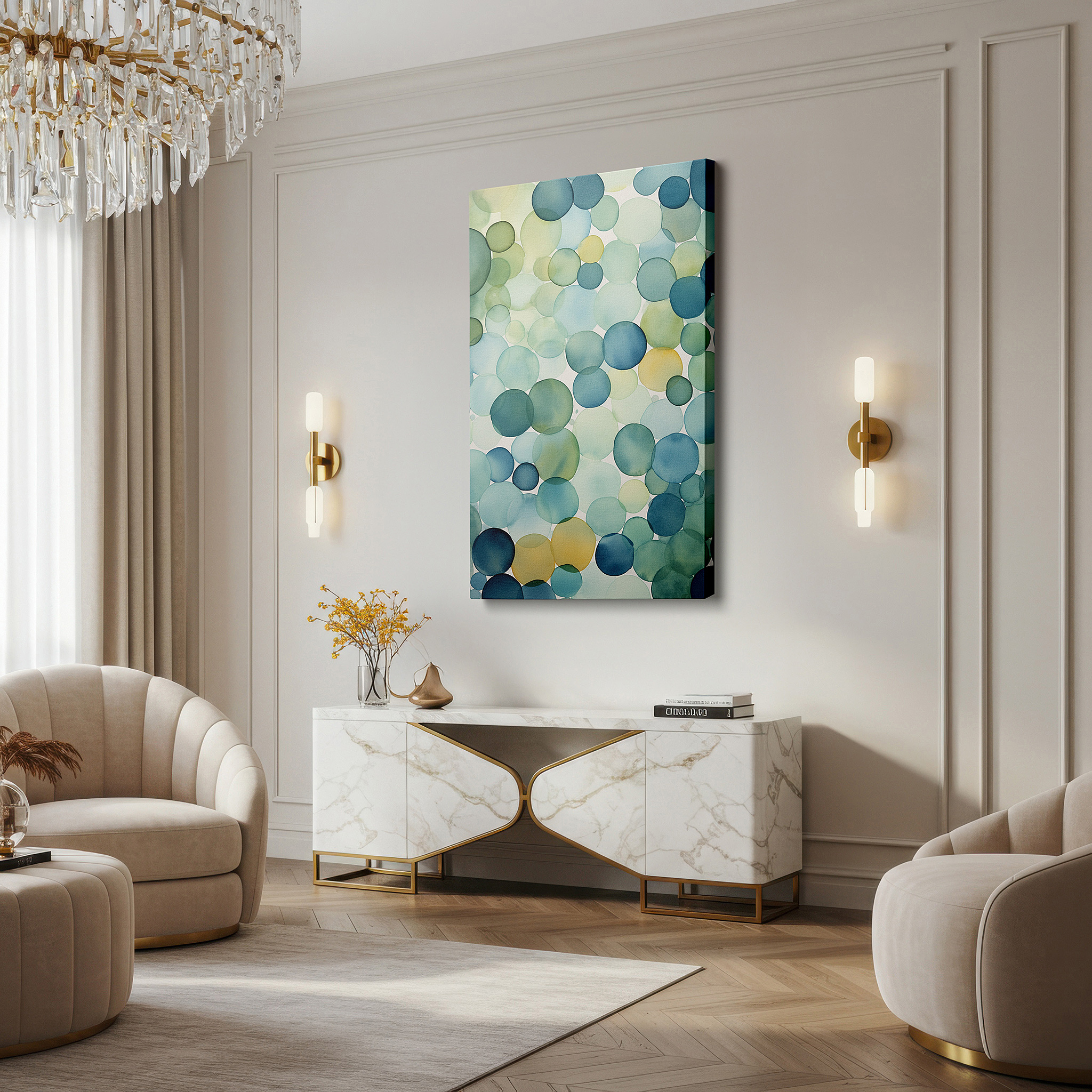 Positioned above a console table between ceramic vases — serene bubbles in blues and greens: tranquil abstract art for harmonious spaces - large wall art, canvas wall art, wall decor for office and bedroom