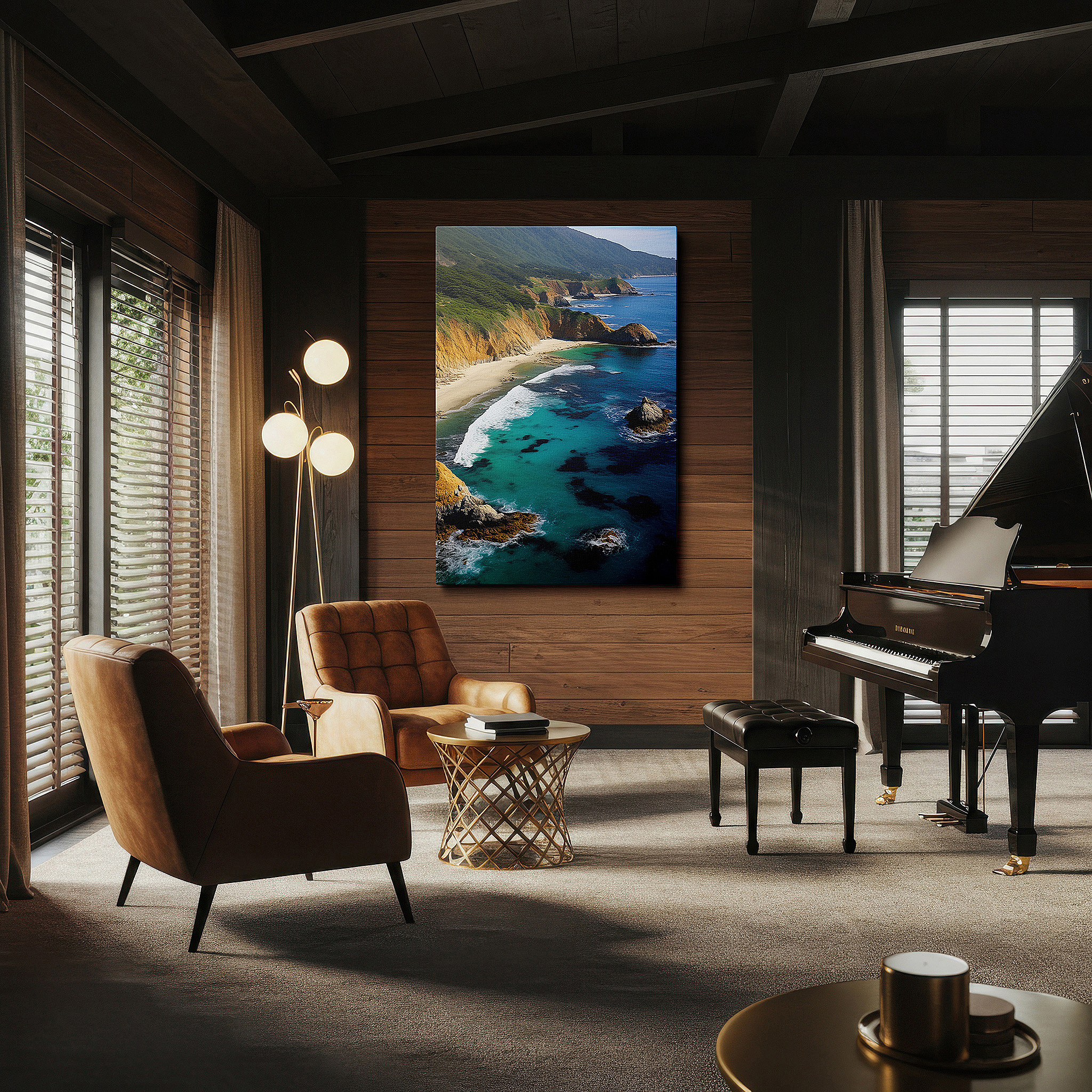 Positioned above a console table between ceramic vases — serene coastal retreat: rugged cliffs and turquoise waters - large wall art, canvas wall art, wall decor for office, bedroom, and living room