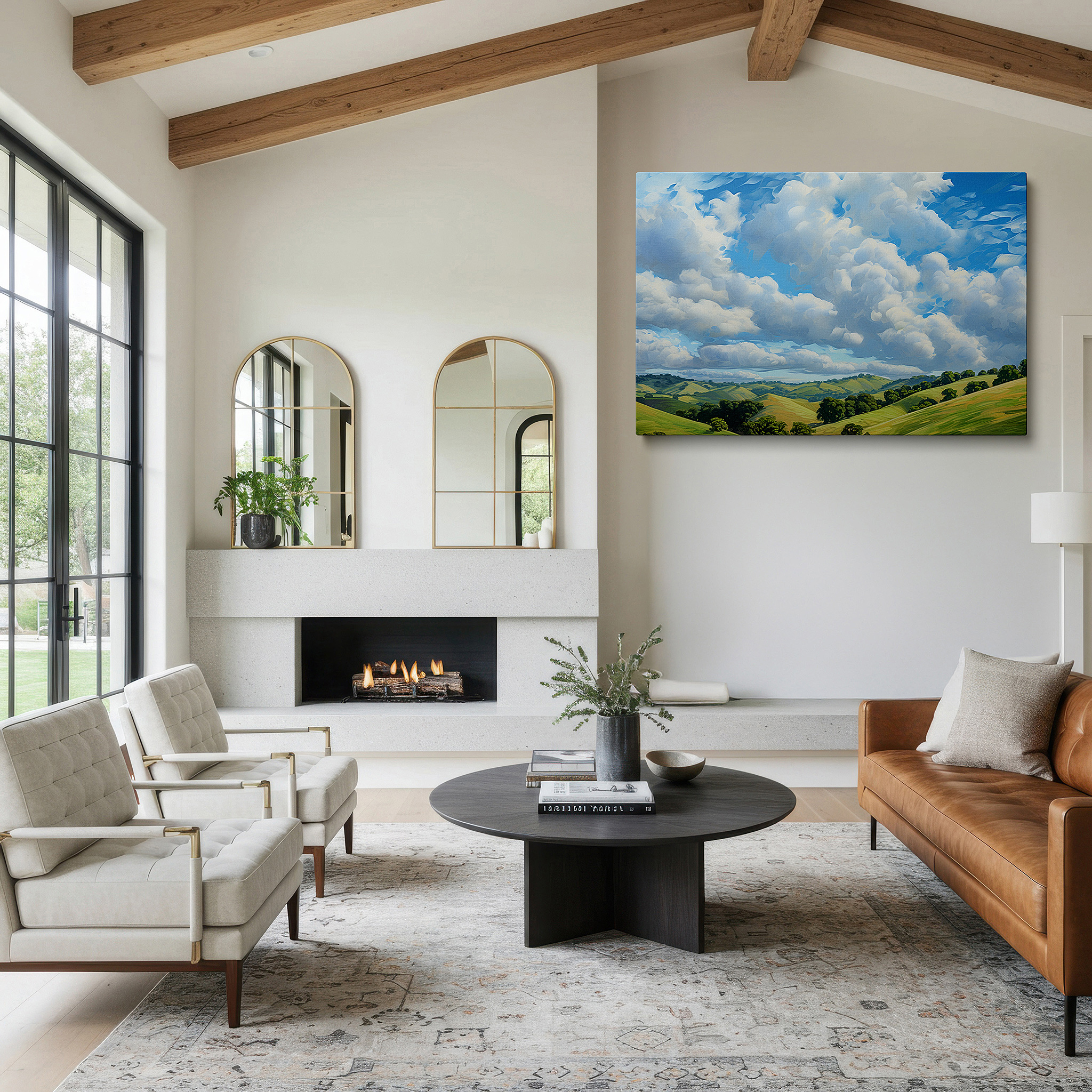 Positioned above a console table between ceramic vases — serene countryside landscape: a tranquil escape into nature's beauty - large canvas wall art for office and bedroom decor
