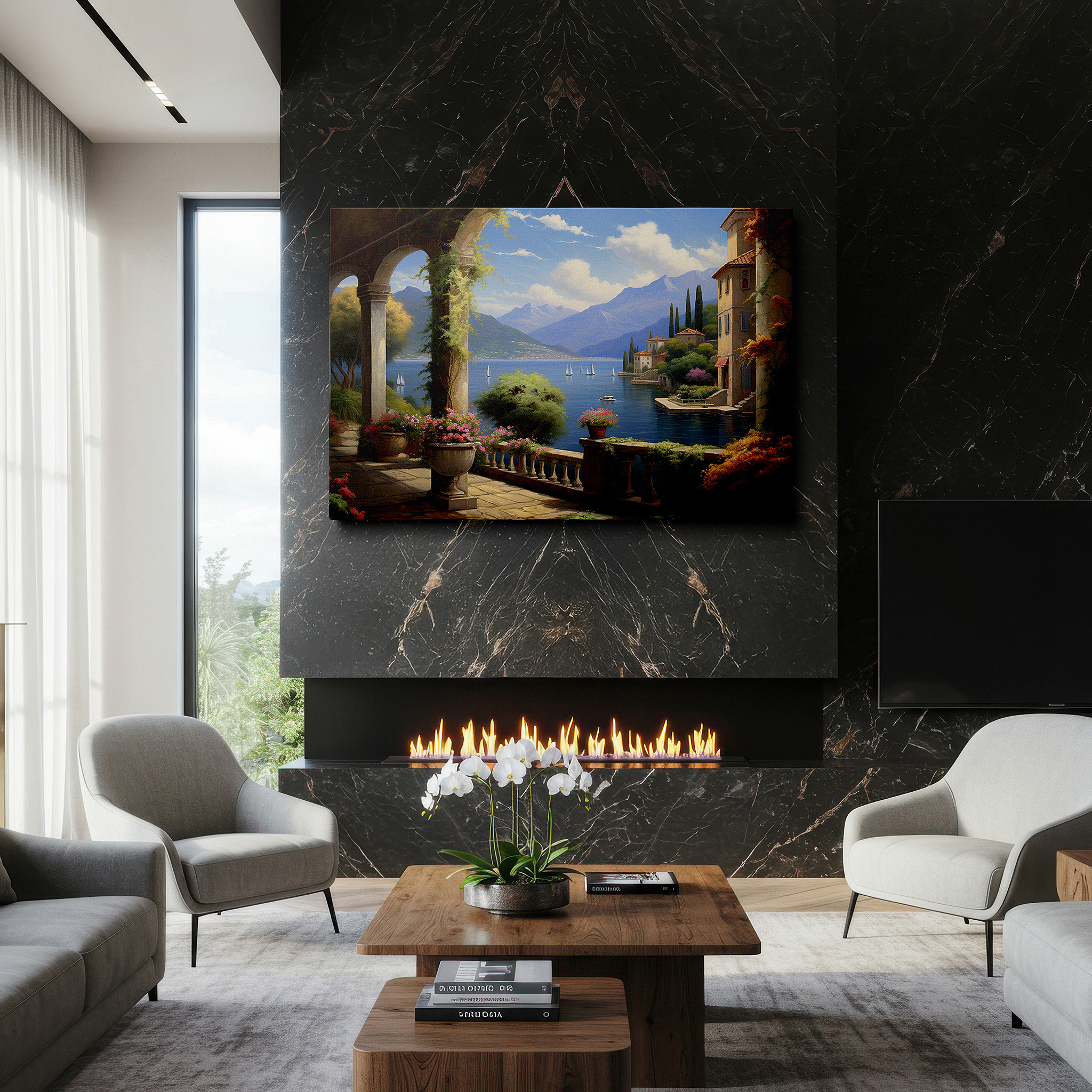 Positioned above a console table between ceramic vases — serene lakeside sunrise with majestic mountains and peaceful sailboats large wall art, canvas wall art, wall decor for office and bedroom