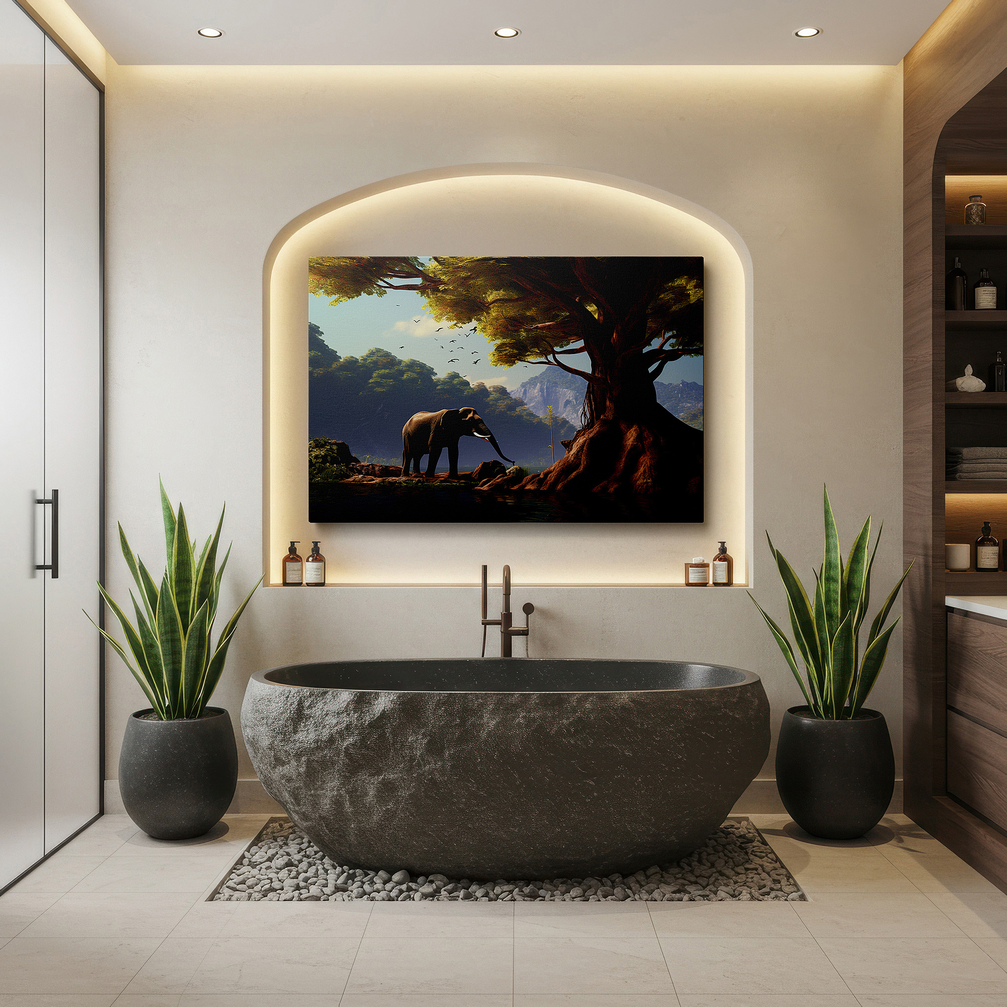 Positioned above a console table between ceramic vases — serene majesty of a solitary elephant beside a towering tree in a peaceful nature scene large wall art, canvas wall art, wall decor, office wall art