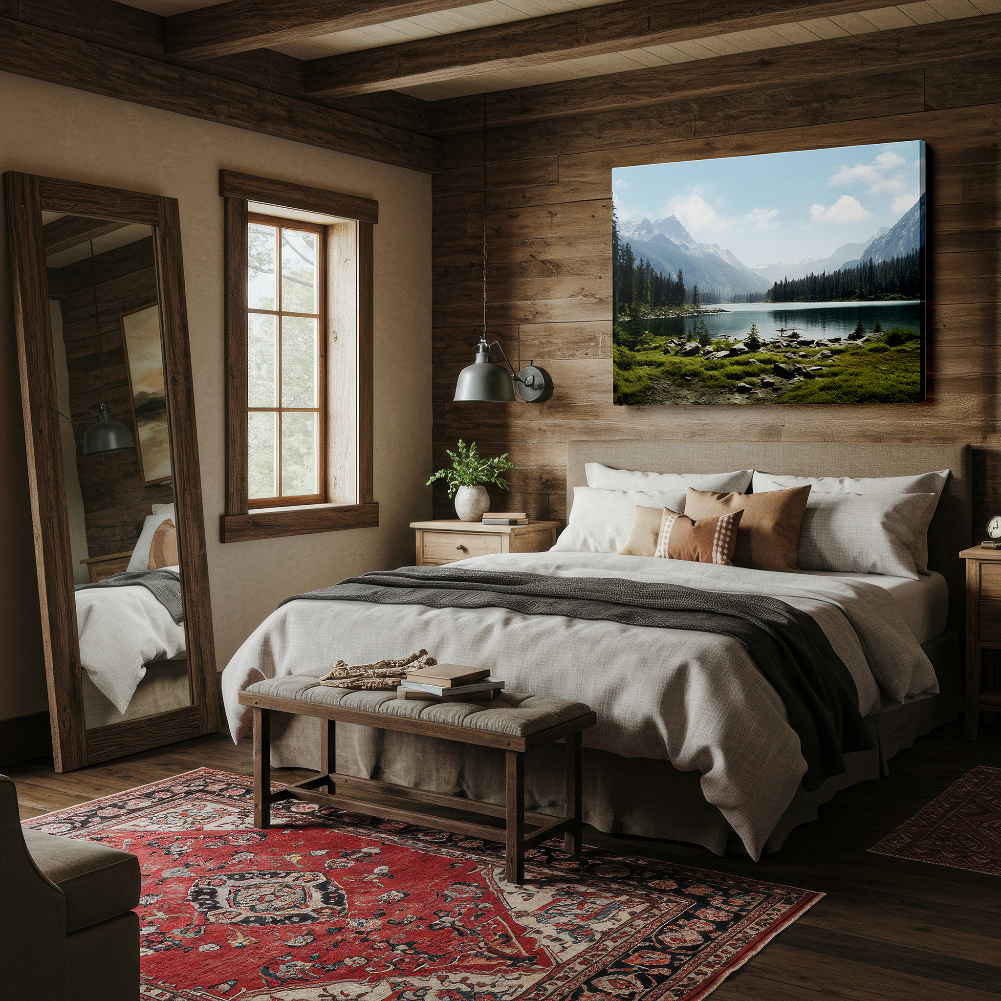 Positioned above a console table between ceramic vases — serene mountain lake reflections: tranquil wilderness gateway - large canvas wall art for office, bedroom, and living room decor