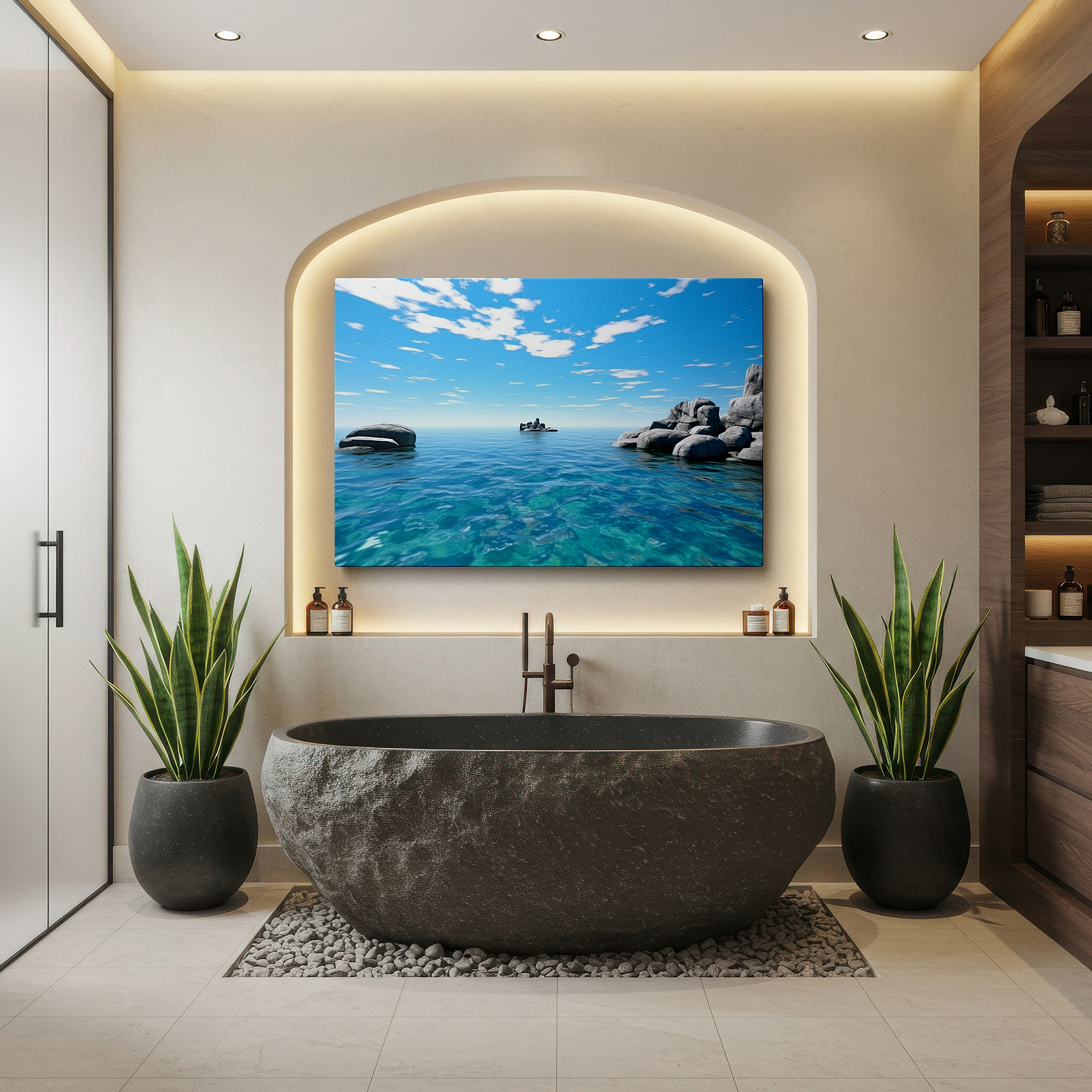Positioned above a console table between ceramic vases — serene ocean view with clear waters and rugged coastlines - oversized wall art for living room, bedroom, or office