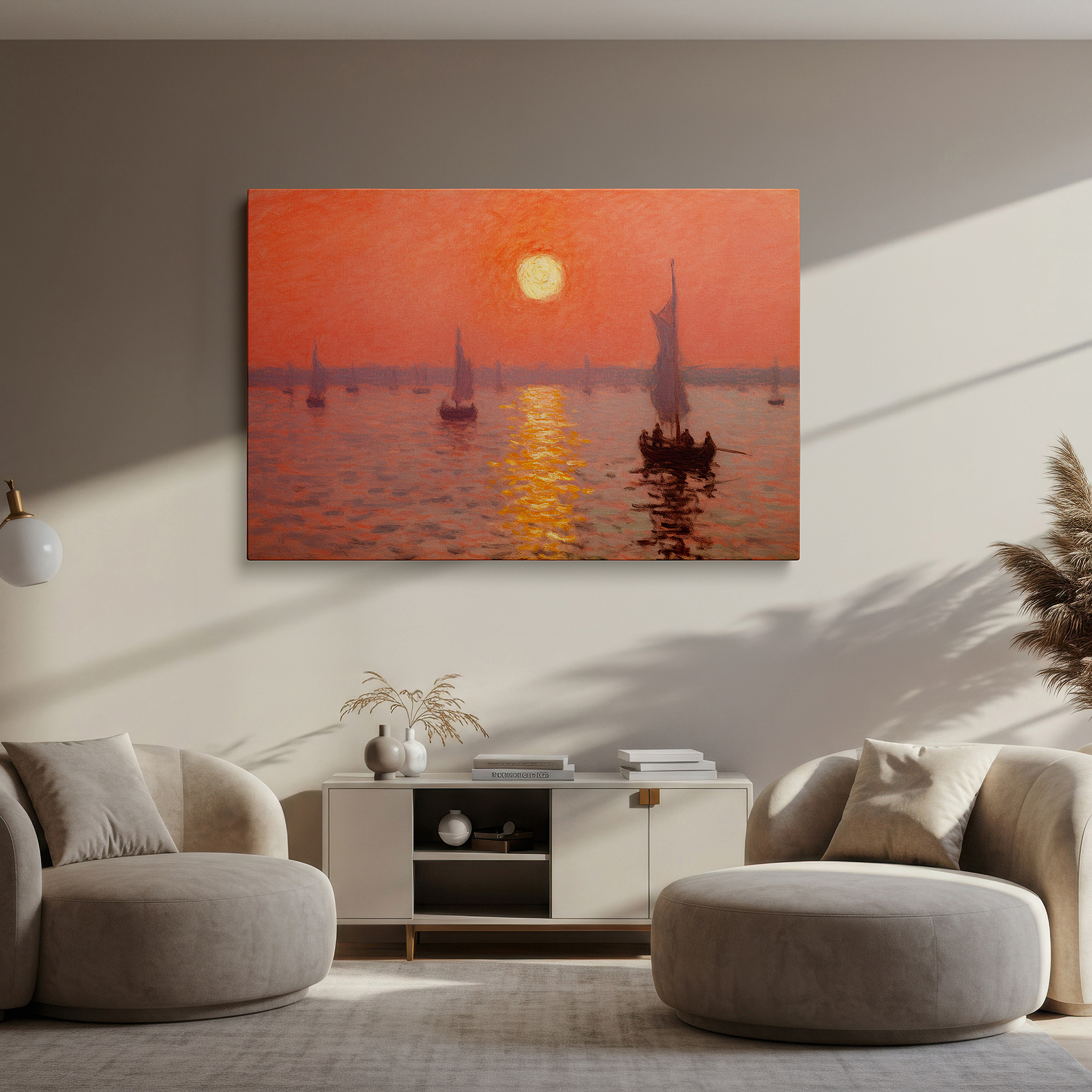 Positioned above a console table between ceramic vases — serene sunset and silhouetted sailing boats over tranquil waters large canvas wall art for office and bedroom decor