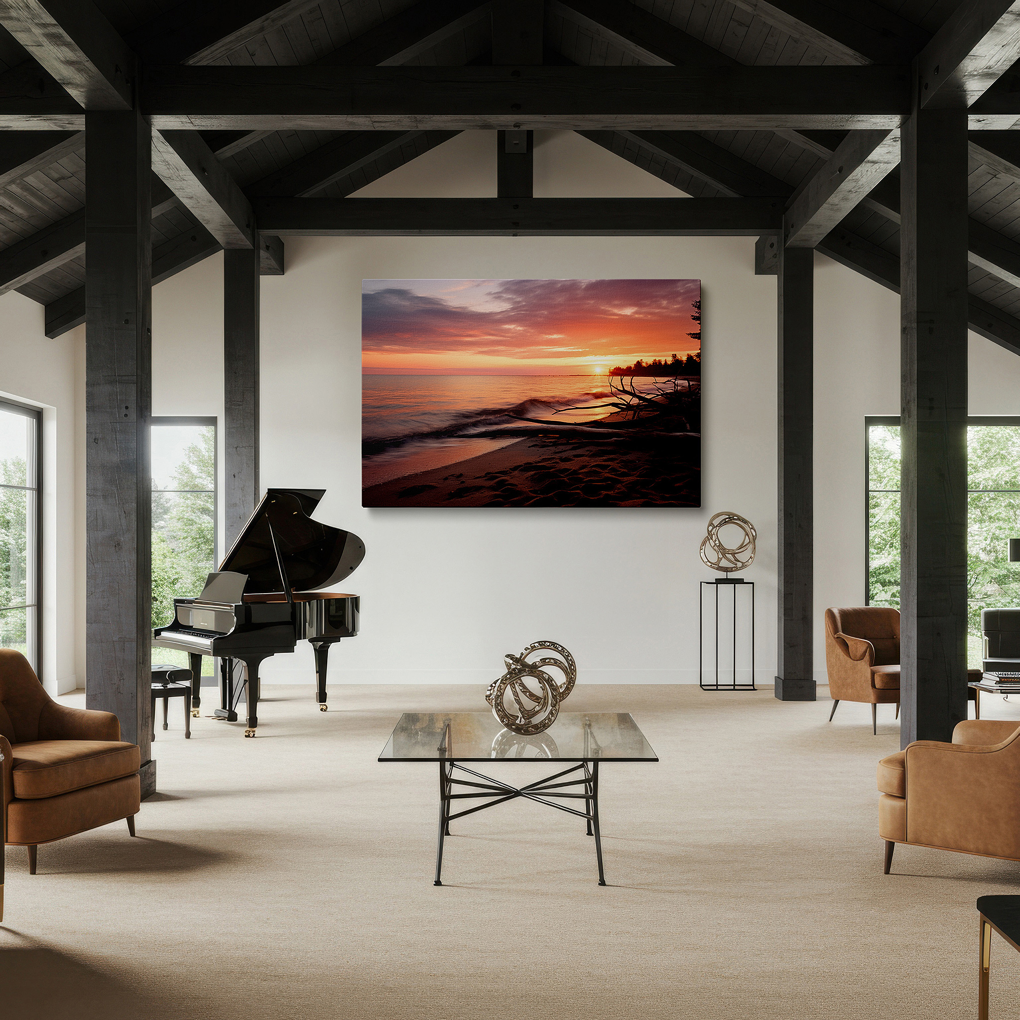 Positioned above a console table between ceramic vases — serene sunset and tranquil lake canvas print with driftwood highlights - large wall decor for office, bedroom, and living room