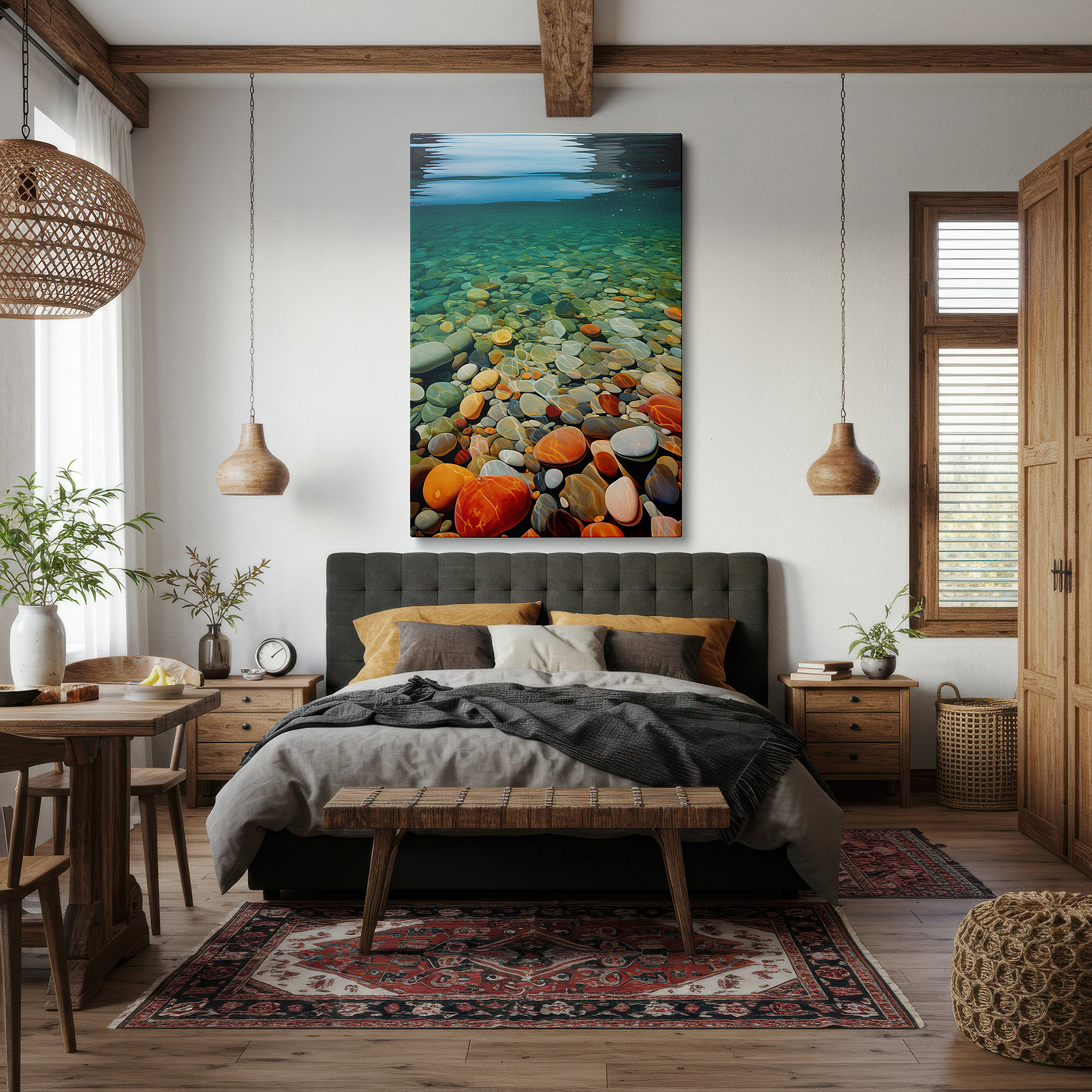 Positioned above a console table between ceramic vases — serene underwater pebble landscape with sunlit hues, large canvas wall art for office, bedroom, and living room decor