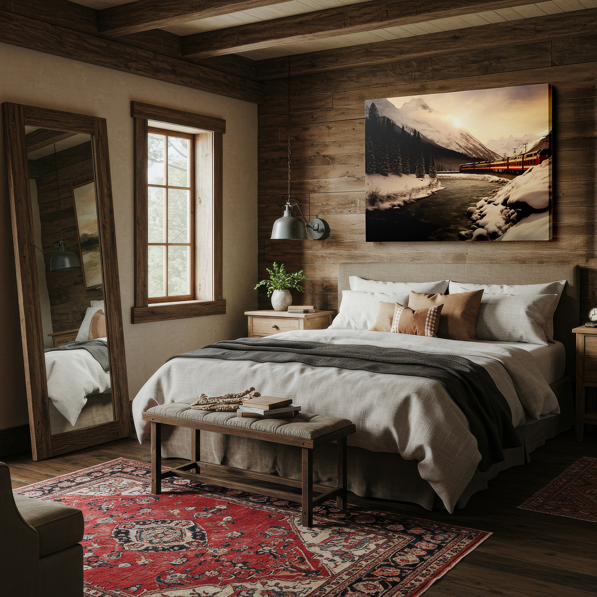 Positioned above a console table between ceramic vases — serene winter journey wall art featuring snow-capped mountains and evergreen-lined rivers, perfect for office or bedroom decor