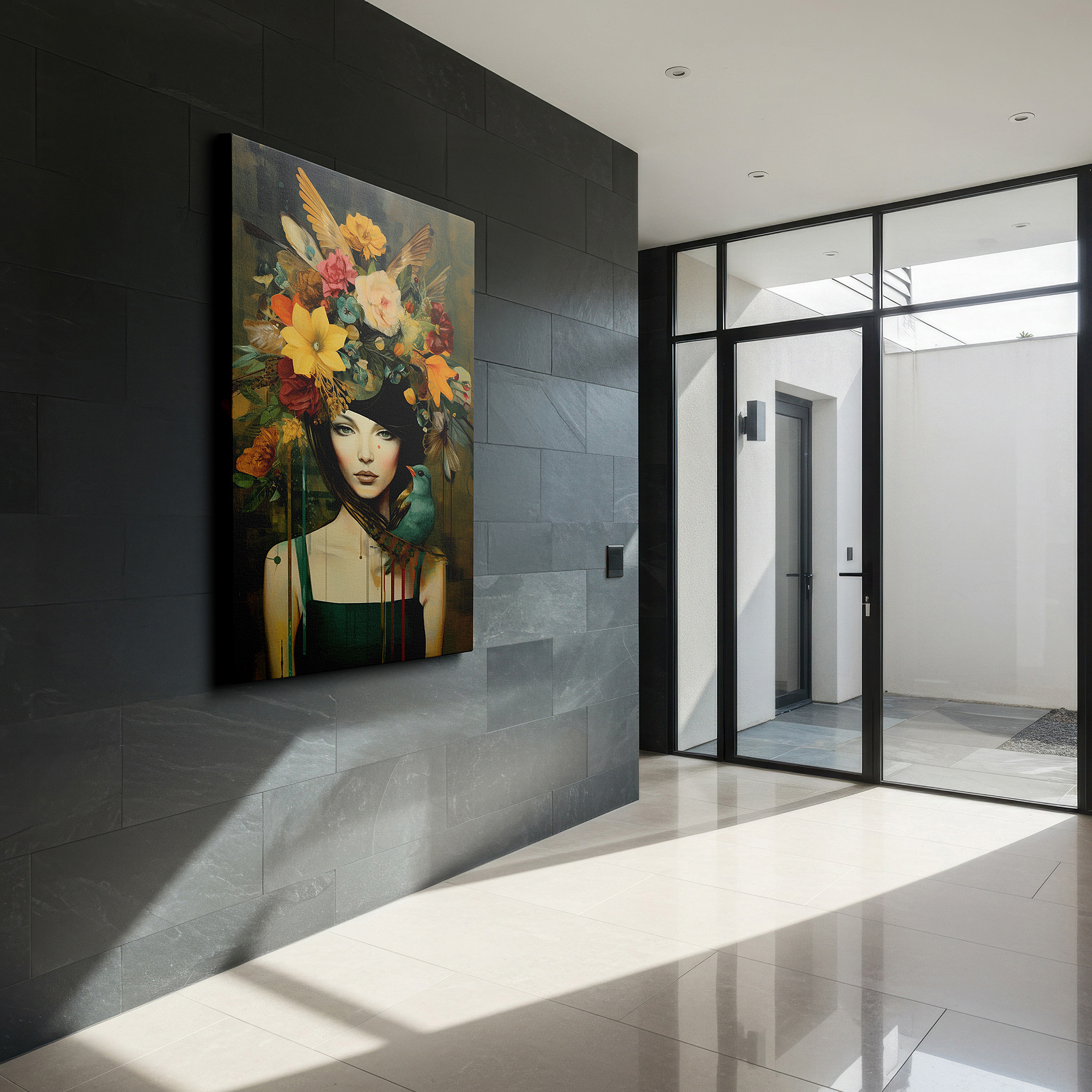 Positioned above a console table between ceramic vases — serene woman with vibrant flowers and a delicate bird, representing harmony with nature - large canvas wall art for home and office decor