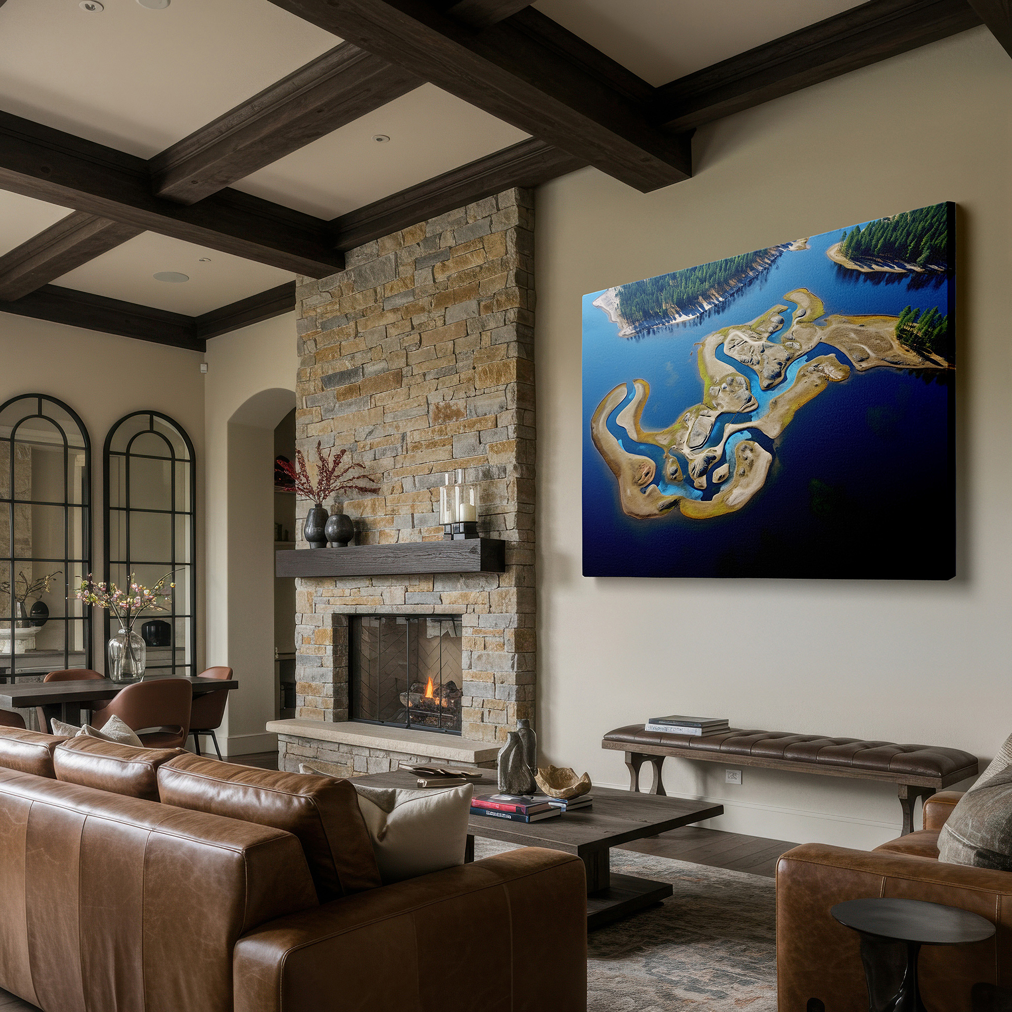 Positioned above a console table between ceramic vases — serpentine rivers and emerald islands large canvas wall art, elegant aerial wall decor for office and bedroom