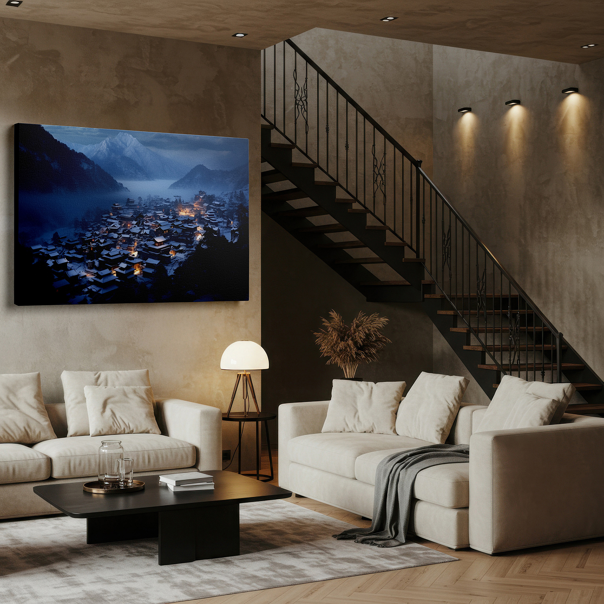 Positioned above a console table between ceramic vases — snowy serene mountain village, tranquil night with warm glowing lights, large canvas wall art for office and bedroom decor