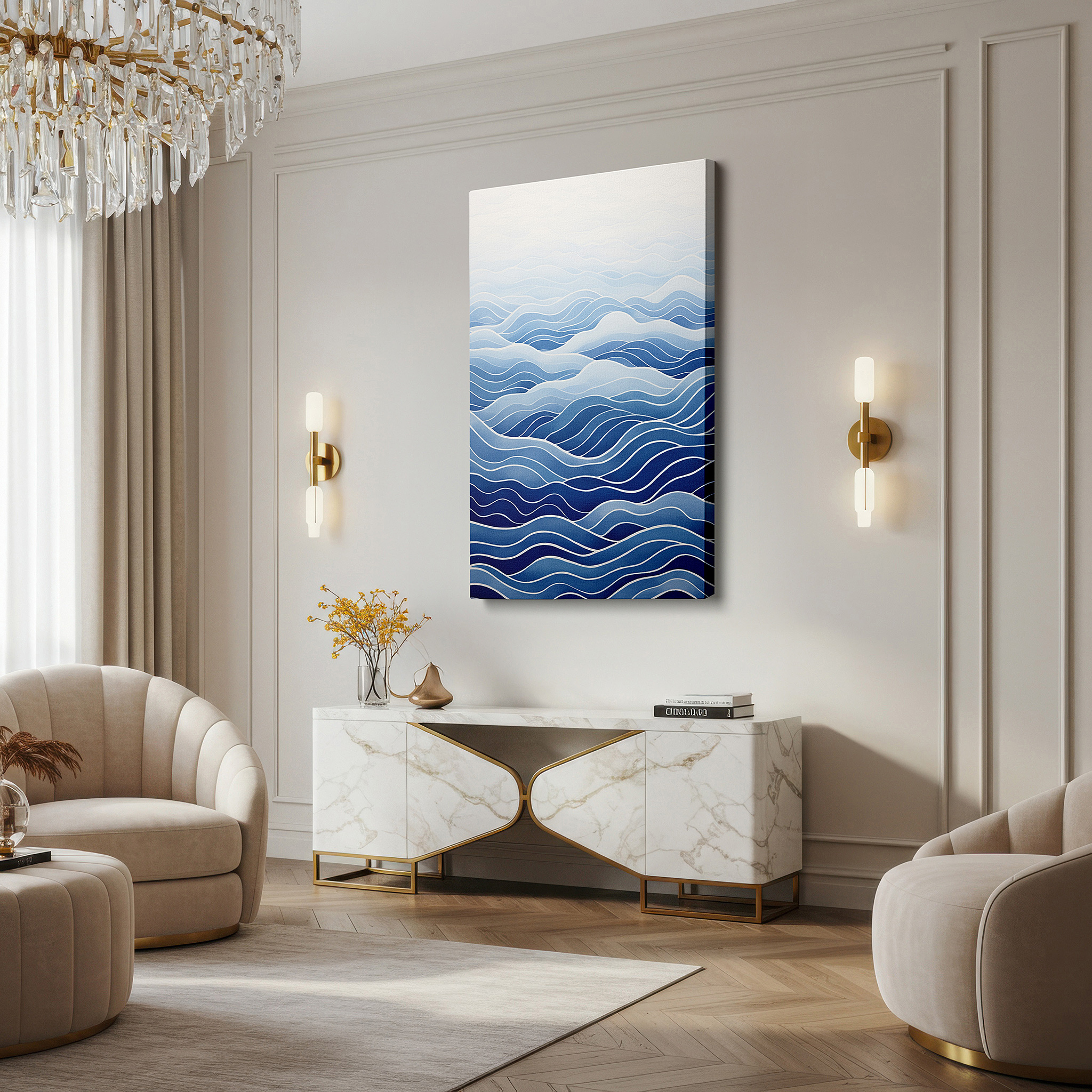 Positioned above a console table between ceramic vases — soft blue gradients of serene ocean waves, tranquil visuals for calming spaces - large wall art, canvas wall art, wall decor for offices